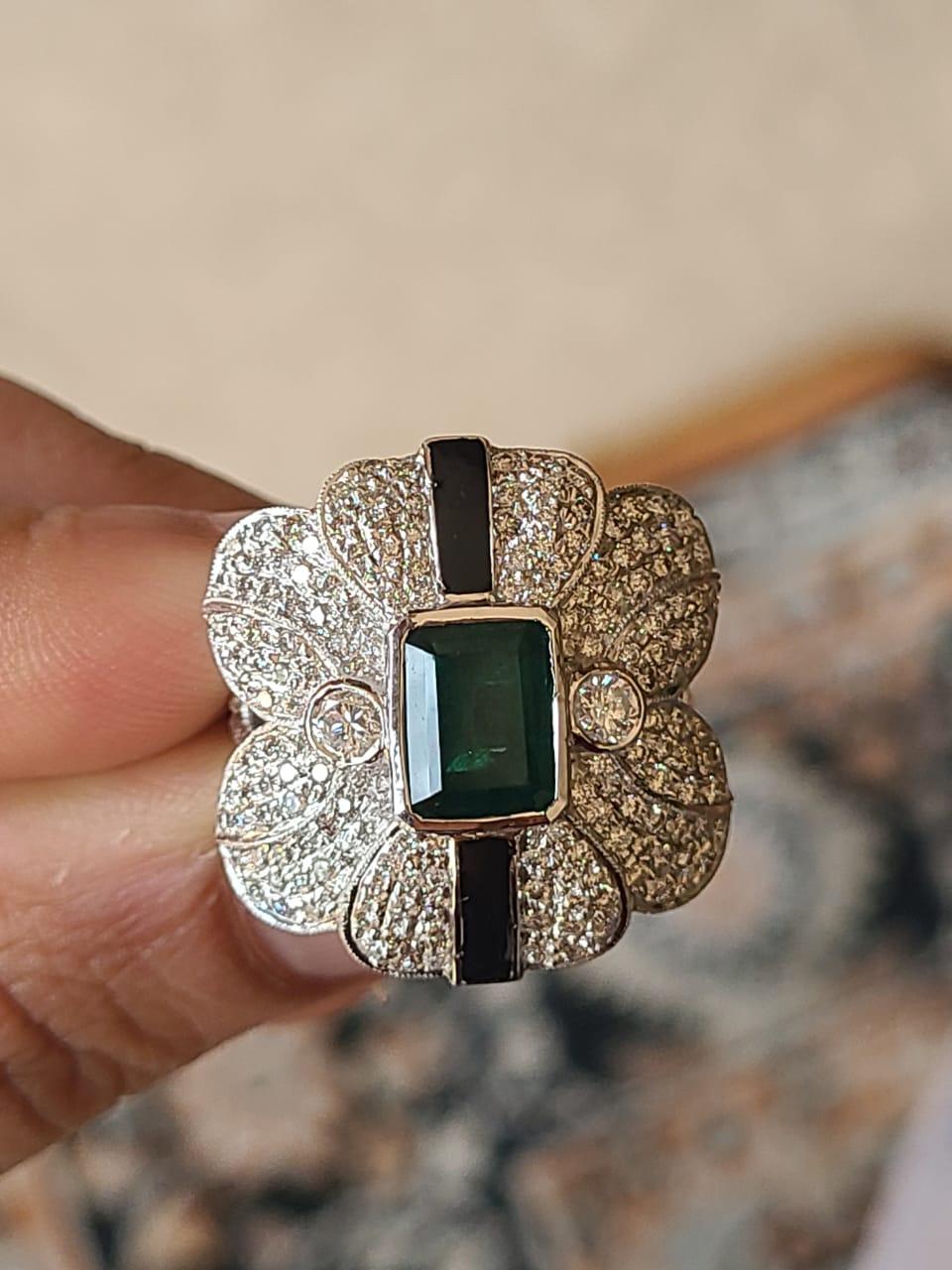 Emerald Cut 2.28 Carat Natural Emerald Diamond Ring Set with Black Enamel in 18 Karat Gold For Sale