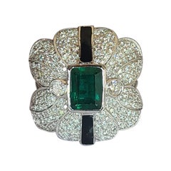 2.28 Carat Natural Emerald Diamond Ring Set with Black Enamel in 18 Karat Gold