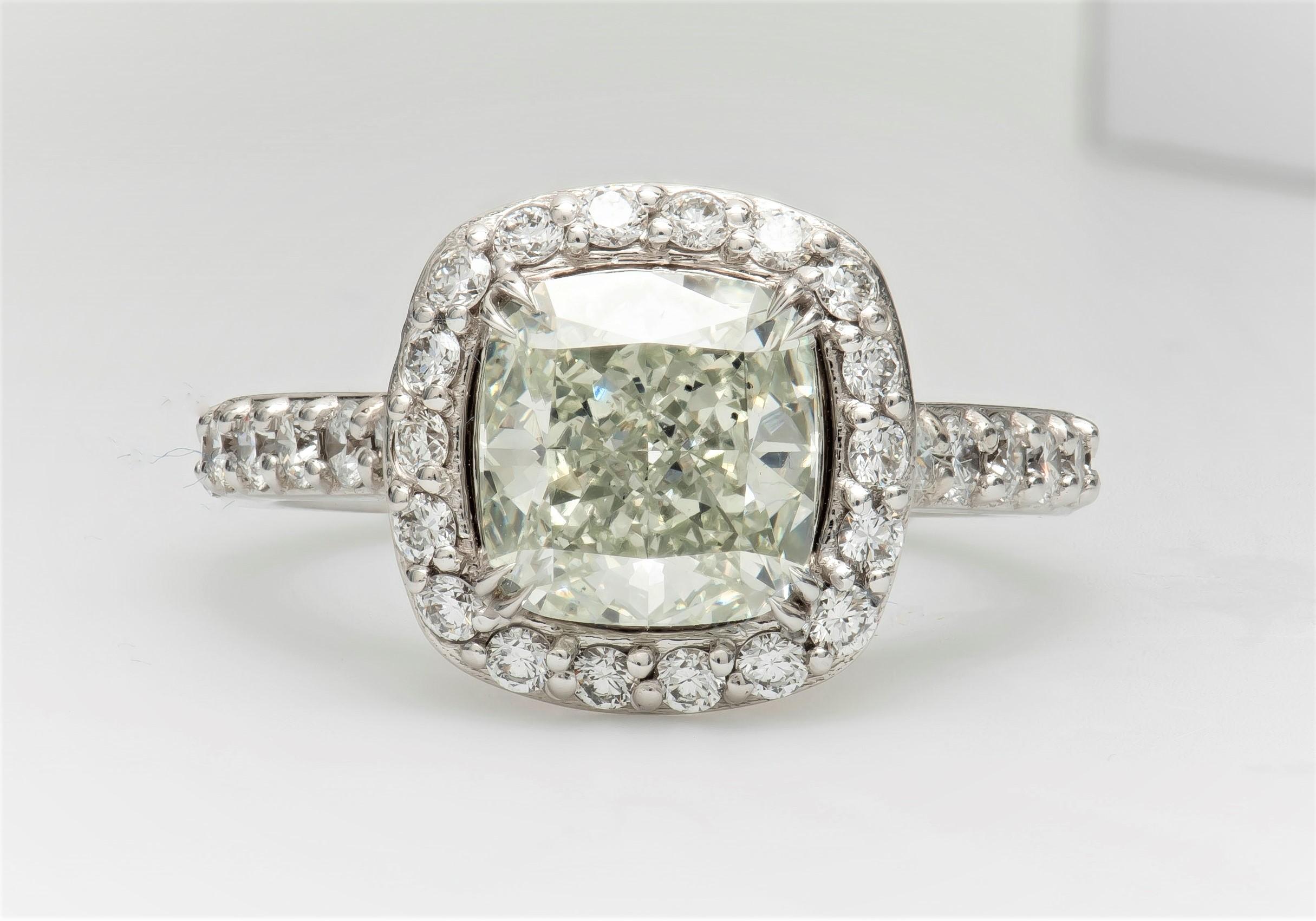 Women's 2.28 Carat Natural Light Green Cushion Cut Diamond ‘GIA’ in a Diamond Halo Ring