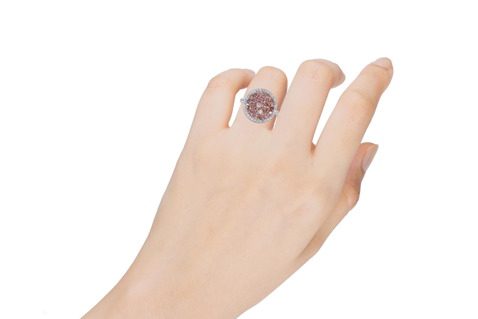 Mixed Cut 2.28 Carat Natural Fancy Pink Diamond Cluster Ring For Sale