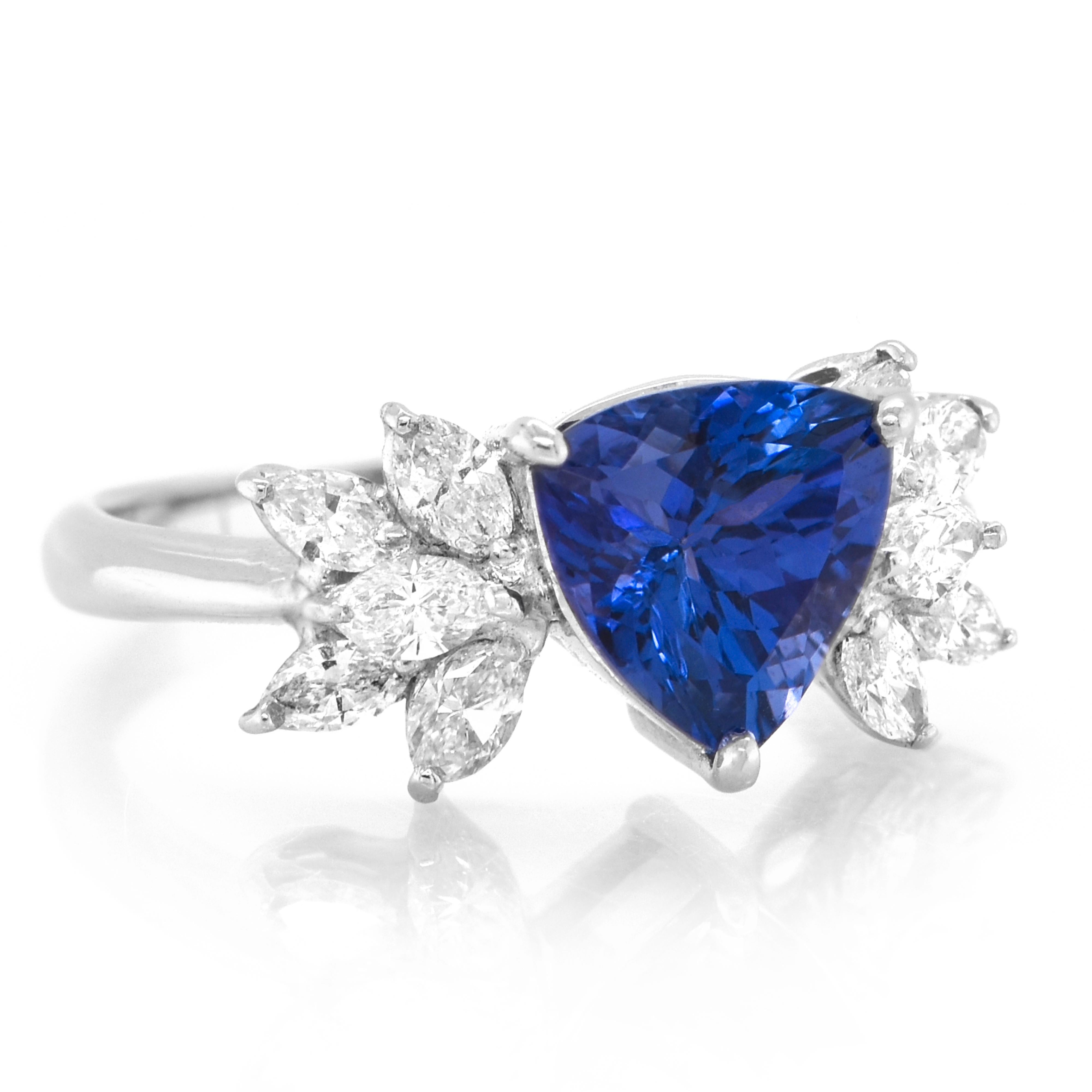 Modern 2.28 Carat Natural Trillion-Cut Tanzanite and Diamond Ring Set in Platinum
