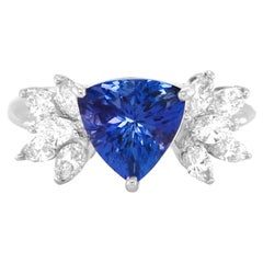 2.28 Carat Natural Trillion-Cut Tanzanite and Diamond Ring Set in Platinum