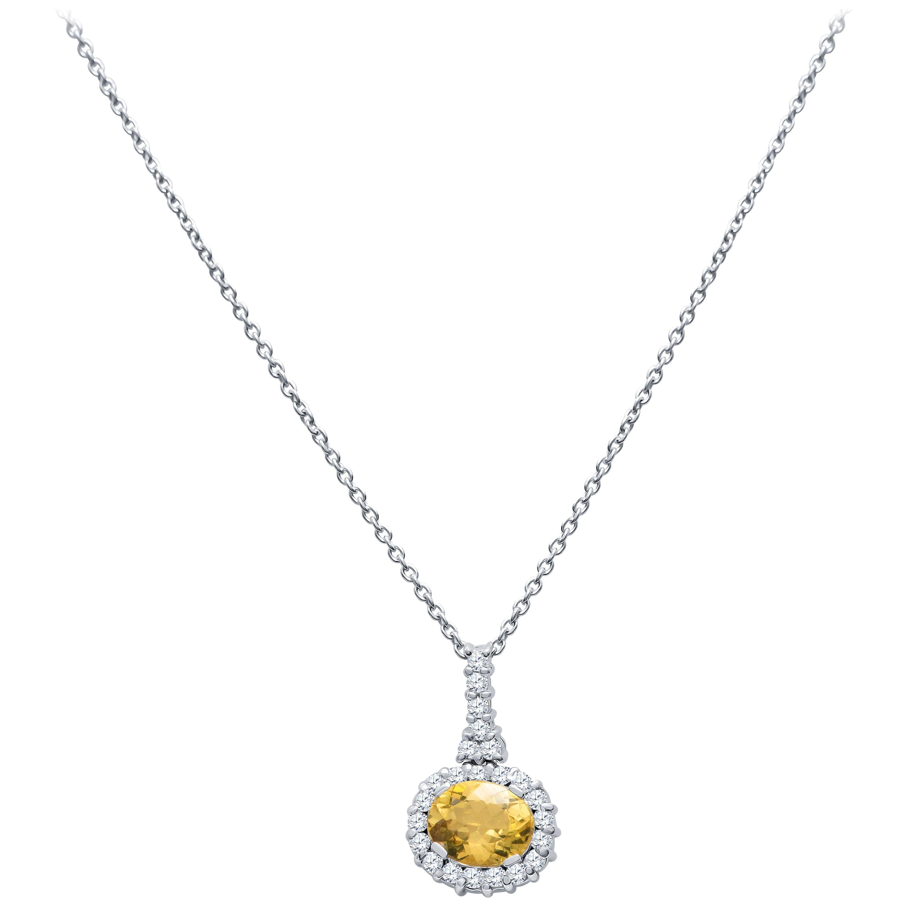 2.28 Carat Oval Golden Beryl Pendant Necklace with 0.69 Carat Round Diamonds For Sale