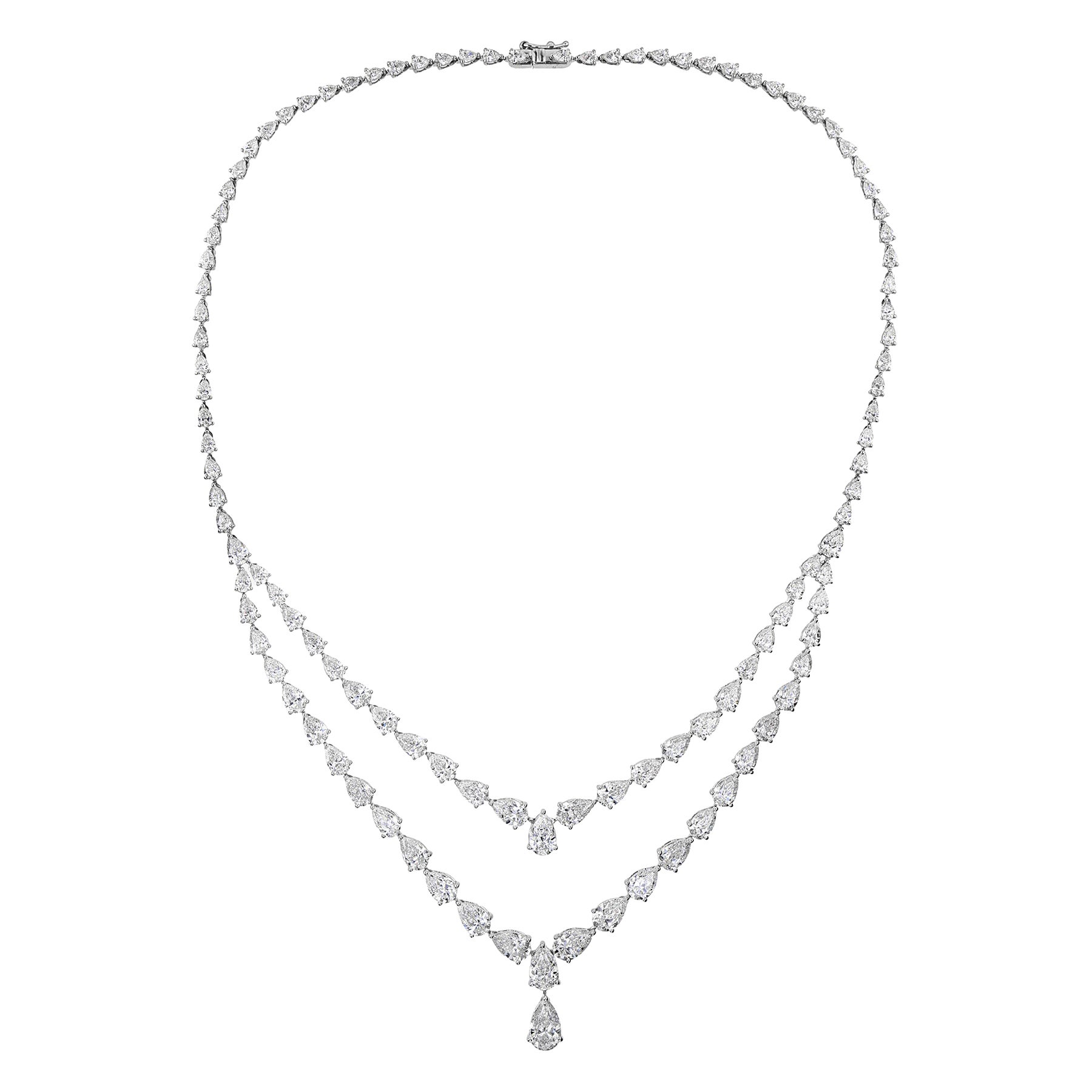 22.8 Carat Pear Cut Diamond Double Layer Drop Necklace 18 Karat White Gold For Sale