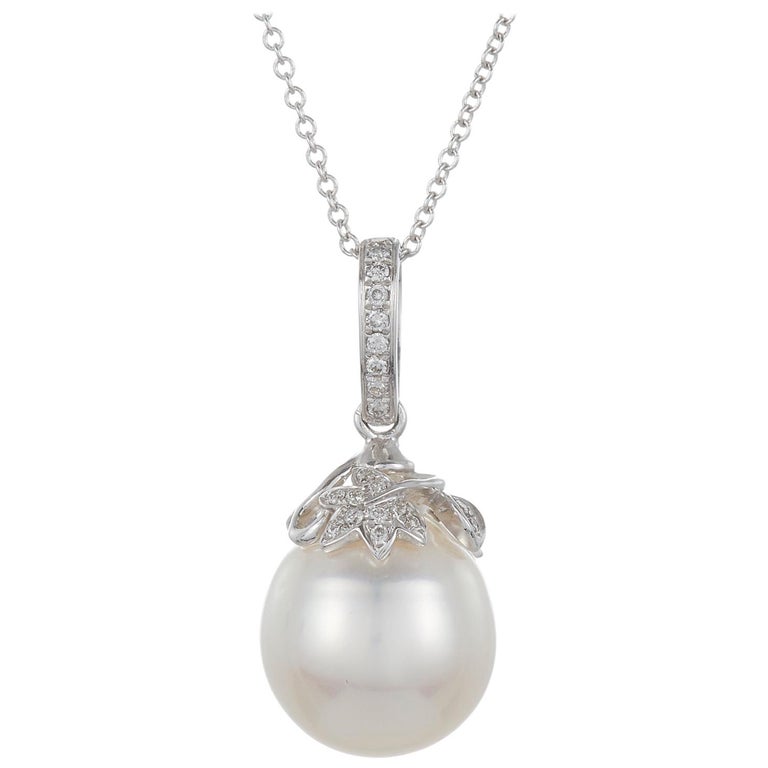 2.28 Carat Round White South Sea Pearl Diamond Accent Pendant 14 Karat Gold For Sale