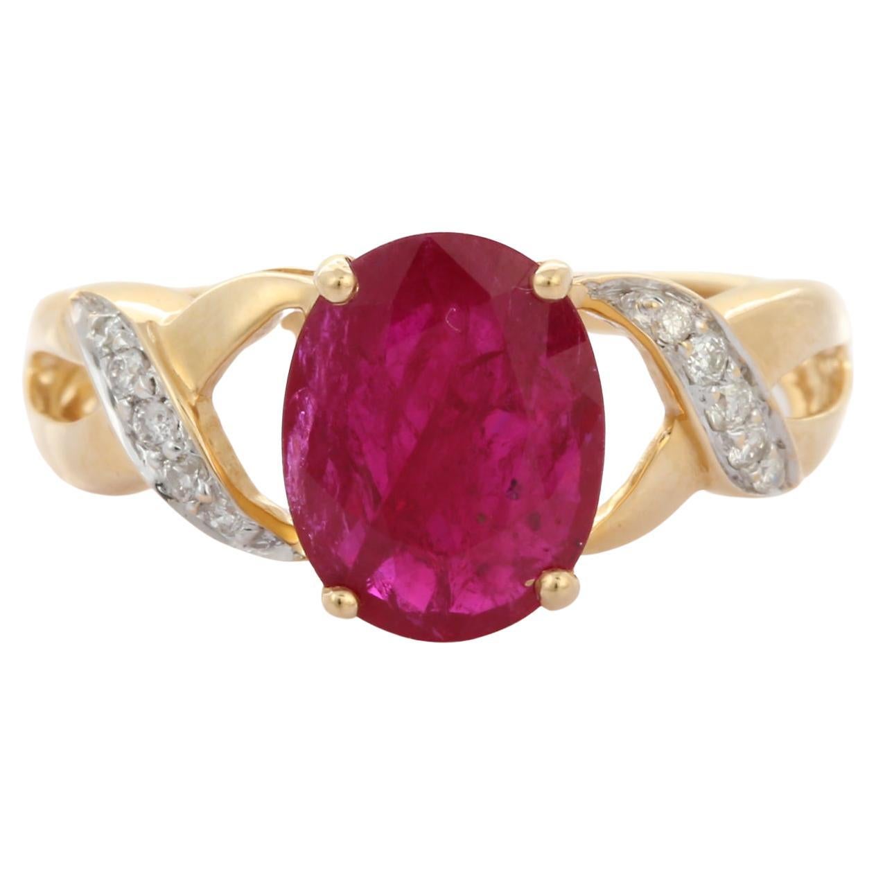 For Sale:  2.28 Carat Ruby Side Wave Diamond Engagement Ring in 18K Yellow Gold