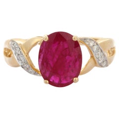 2.28 Carat Ruby Side Wave Diamond Engagement Ring in 18K Yellow Gold