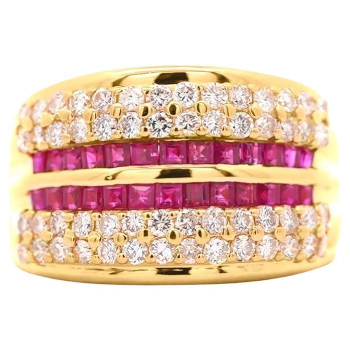 2.28 Carat Square Ruby & Diamond Channel Set 18K Gold Multi-Row Ring
