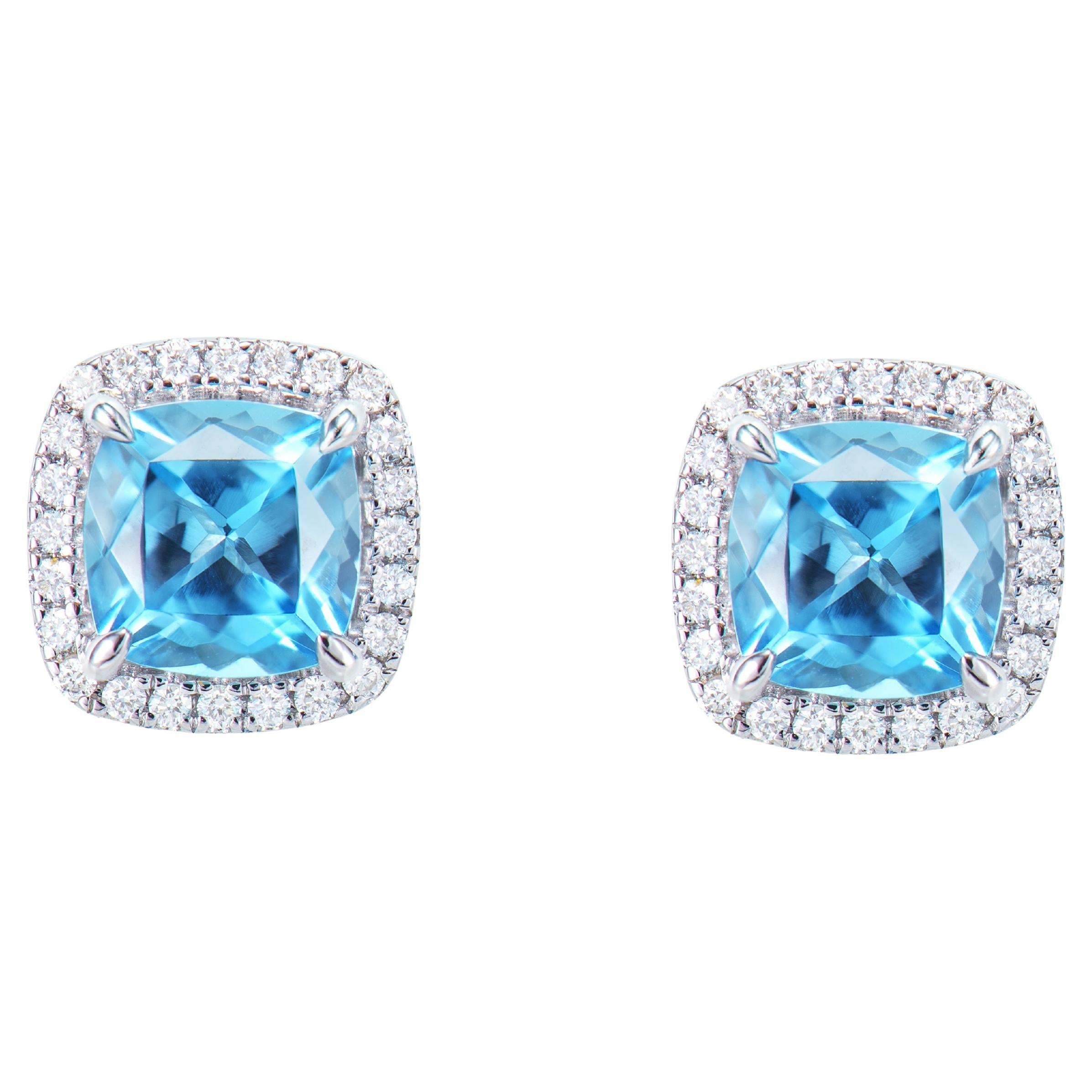 2.28 Carat Swiss Blue Topaz Stud Earrings in 18KWG with White Diamond. For Sale