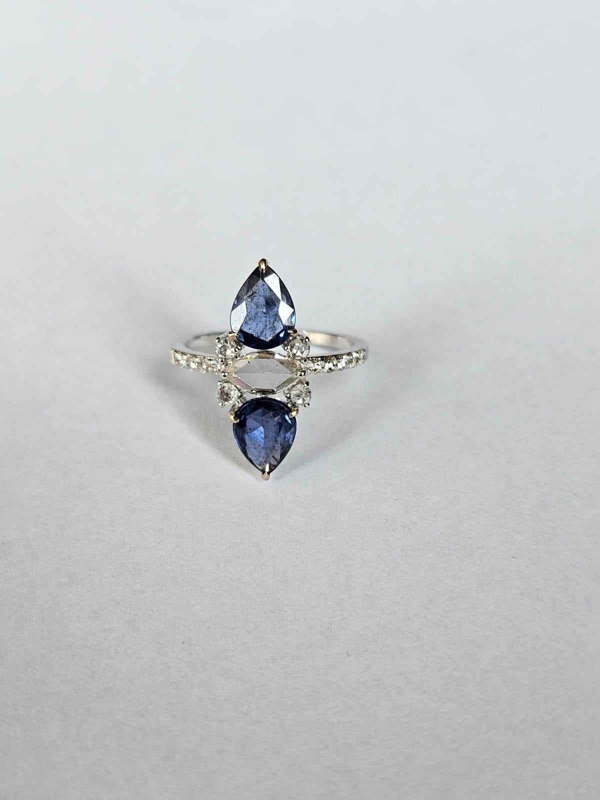 2.28 carats, Ceylon Blue Sapphires & Rose Cut Diamonds Cluster Cocktail Ring For Sale 1