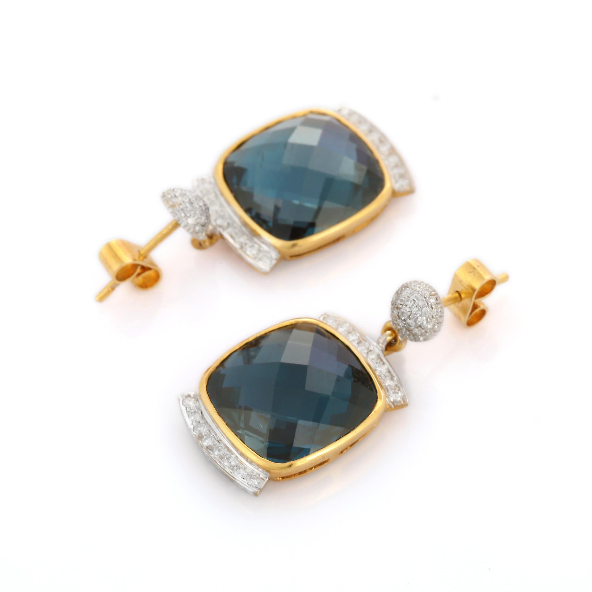 Art Deco 22.8 Ct Dark Blue Topaz Dangle Earrings with Diamonds Set in 14K Yellow Gold For Sale