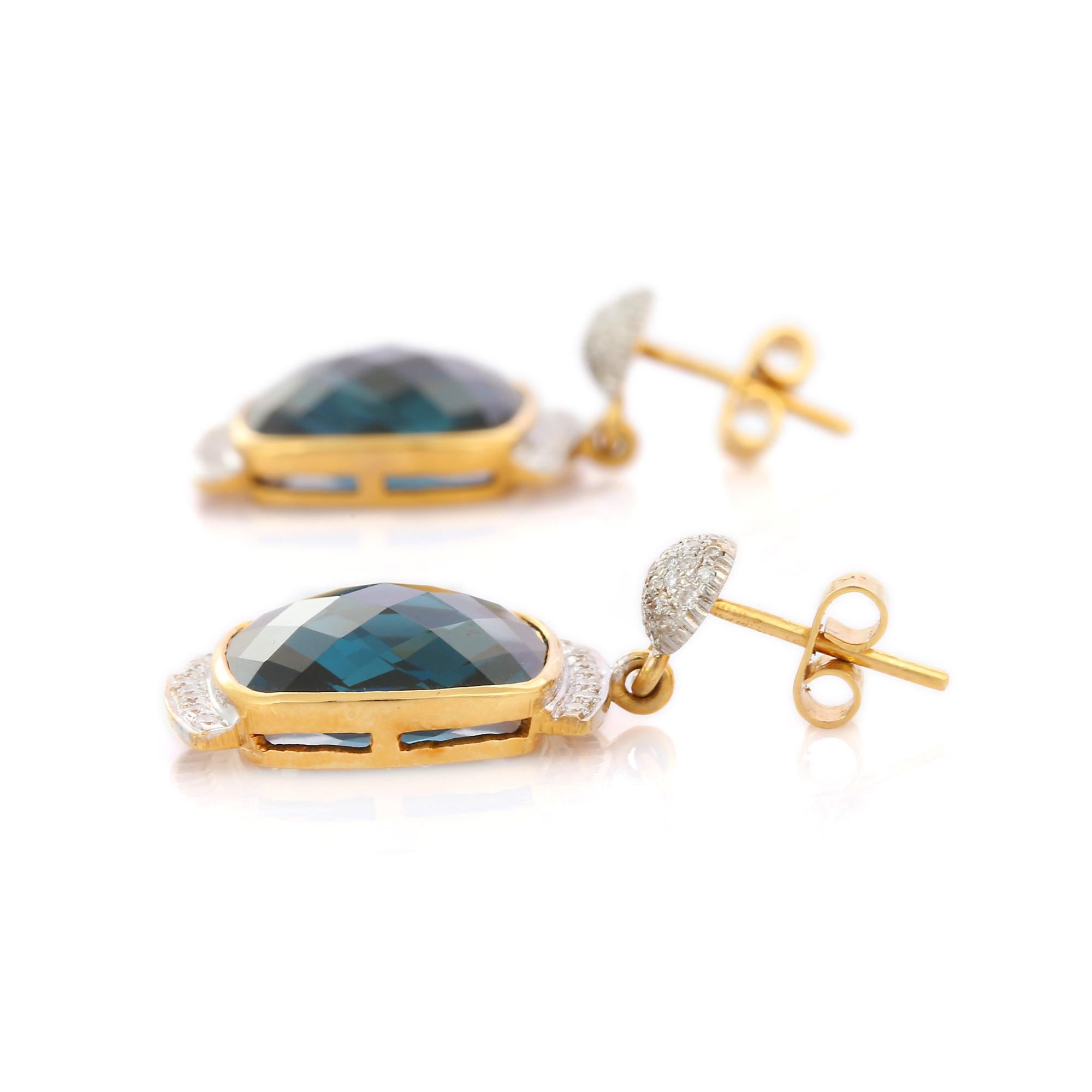 Cushion Cut 22.8 Ct Dark Blue Topaz Dangle Earrings with Diamonds Set in 14K Yellow Gold For Sale