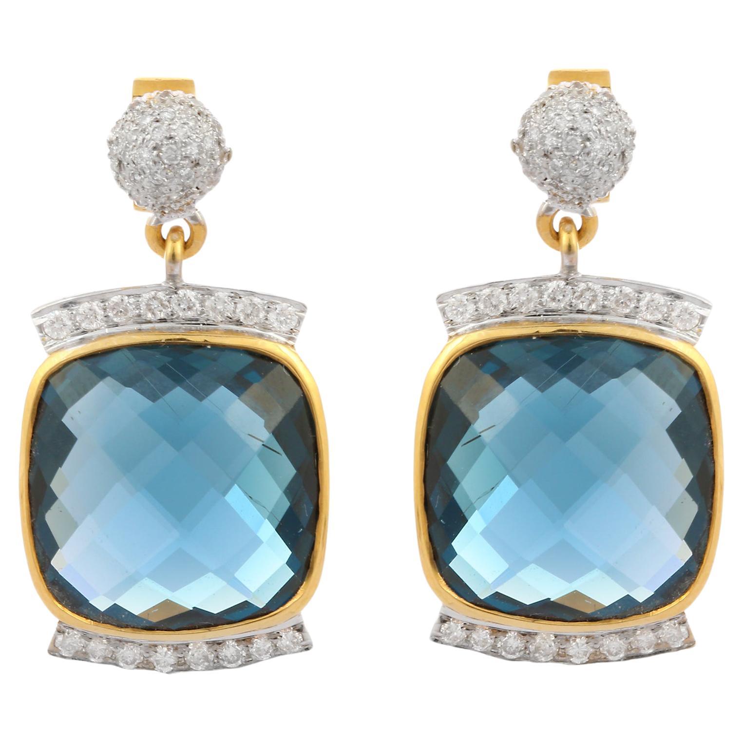 22.8 Ct Dark Blue Topaz Dangle Earrings with Diamonds Set in 14K Yellow Gold For Sale