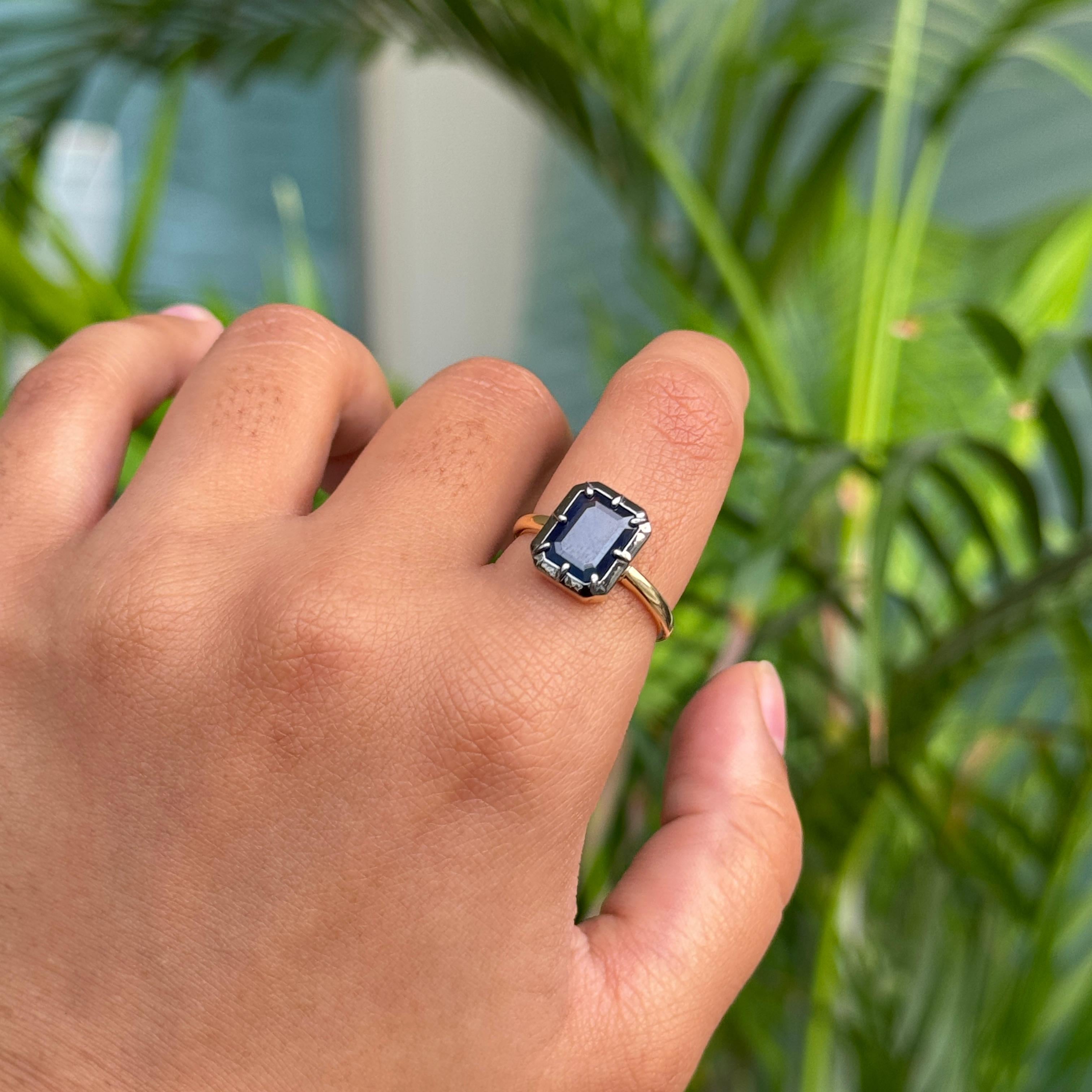 For Sale:  2.28 Ct Georgian Style Emerald-Cut Deep Blue Sapphire Solitaire Ring in 18K Gold 10