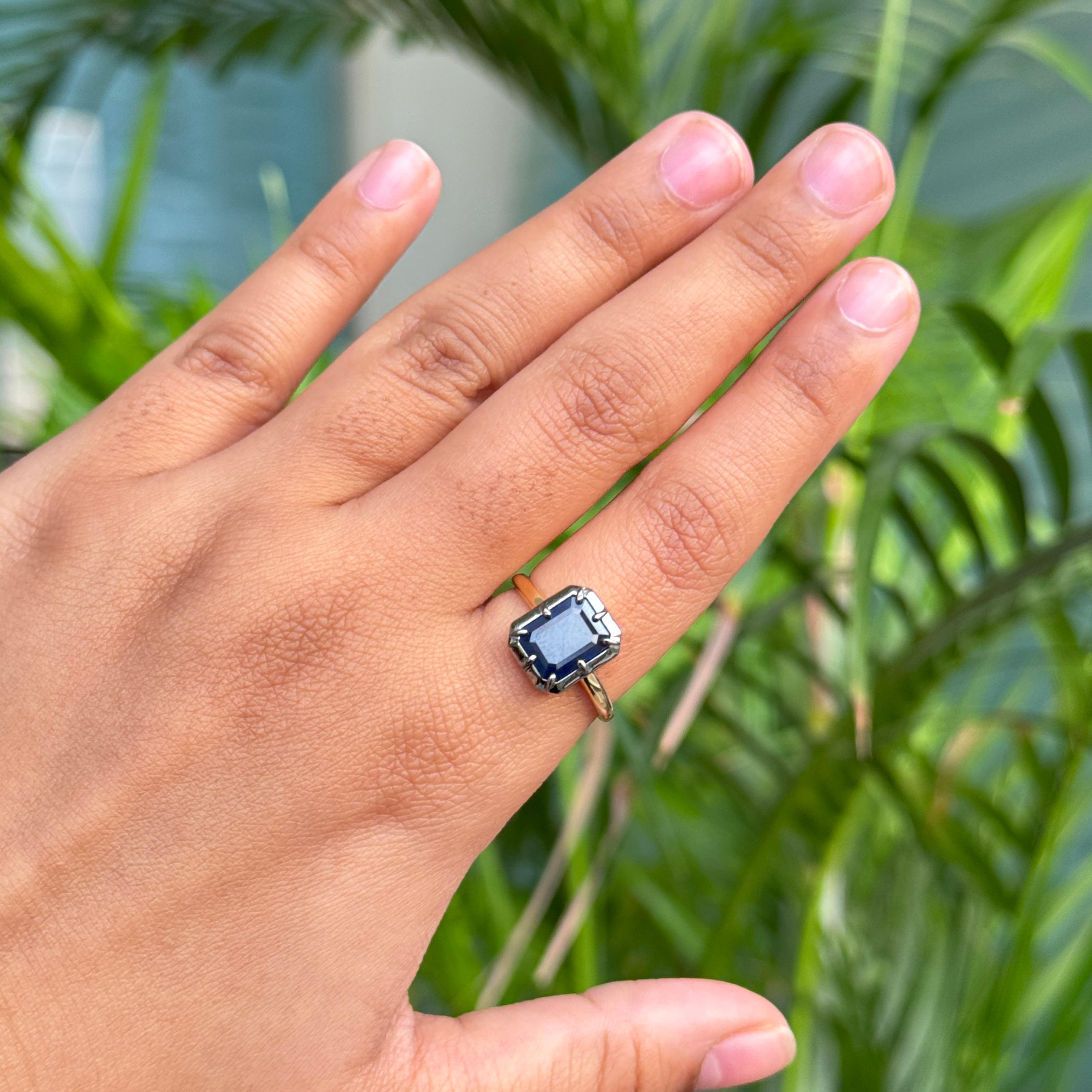 For Sale:  2.28 Ct Georgian Style Emerald-Cut Deep Blue Sapphire Solitaire Ring in 18K Gold 12