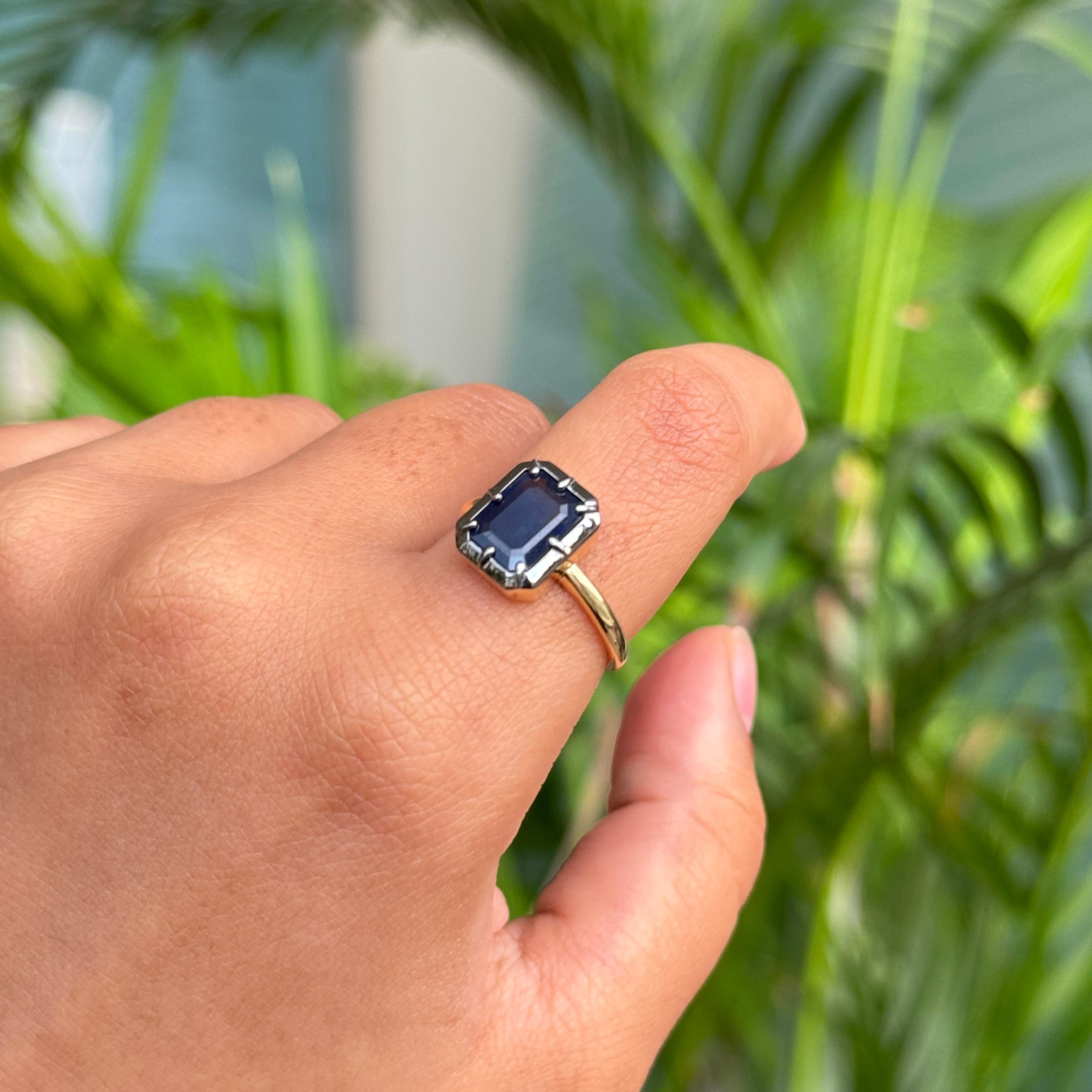 For Sale:  2.28 Ct Georgian Style Emerald-Cut Deep Blue Sapphire Solitaire Ring in 18K Gold 13