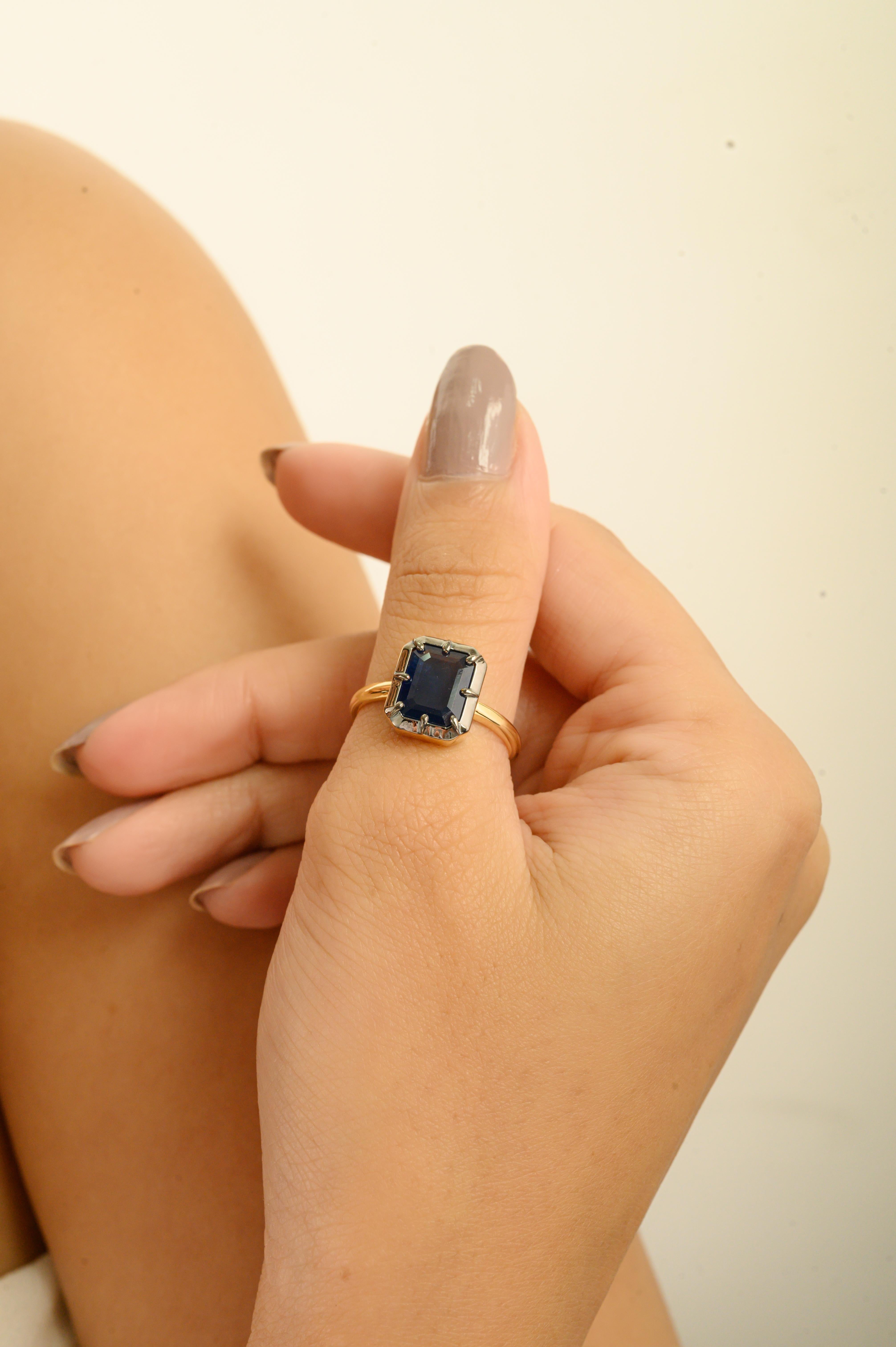 For Sale:  2.28 Ct Georgian Style Emerald-Cut Deep Blue Sapphire Solitaire Ring in 18K Gold 2