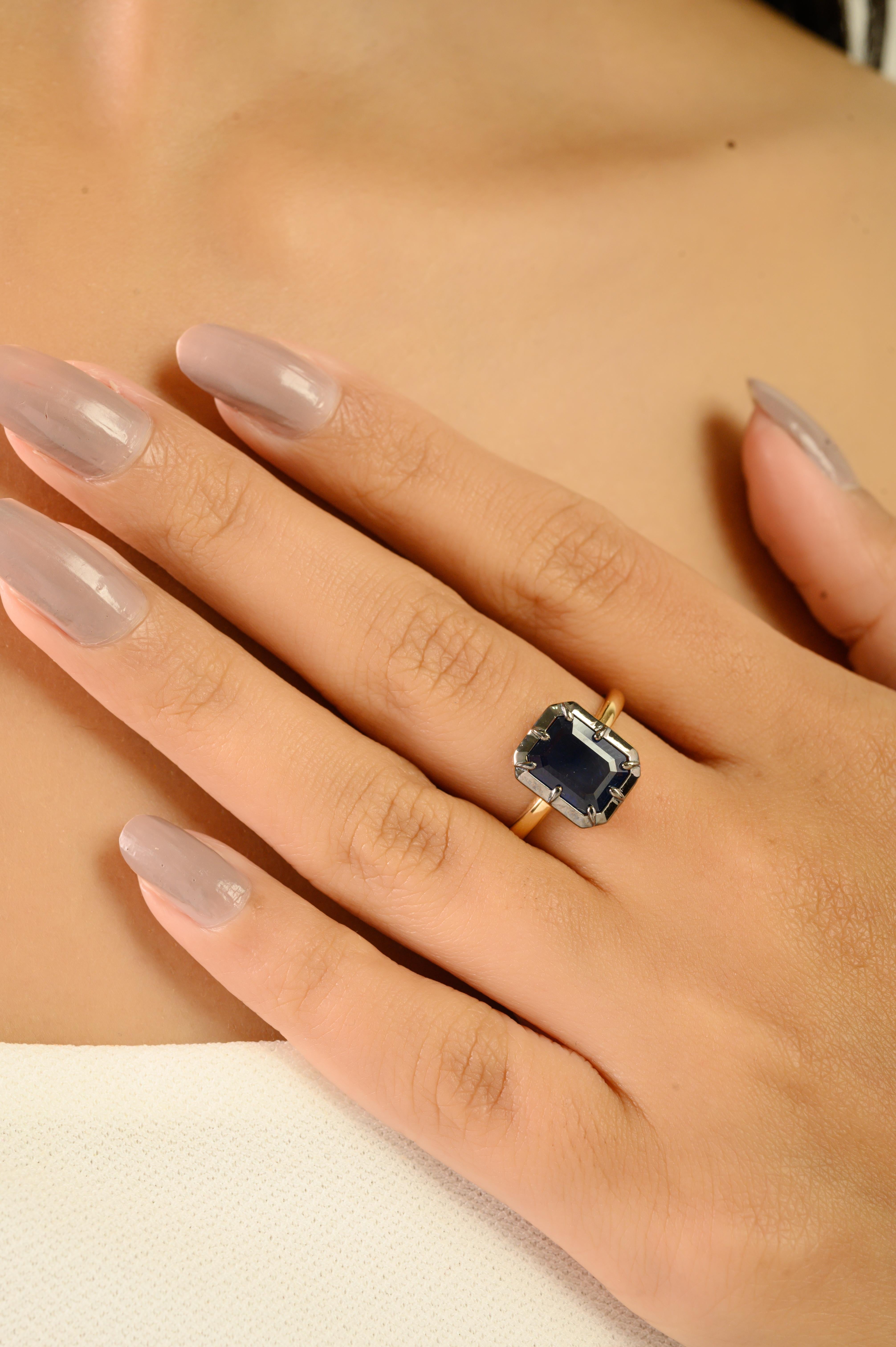 For Sale:  2.28 Ct Georgian Style Emerald-Cut Deep Blue Sapphire Solitaire Ring in 18K Gold 6