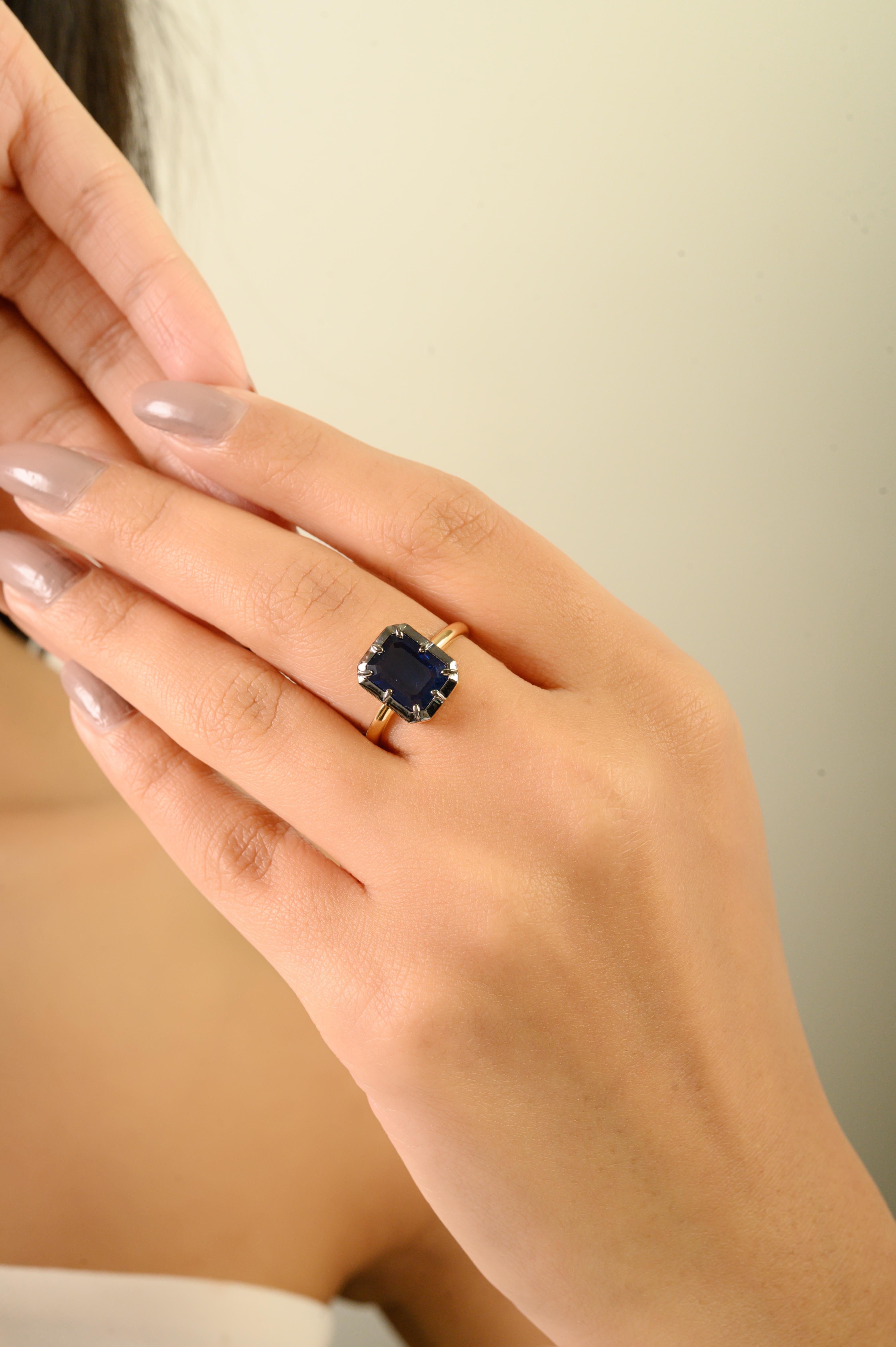 For Sale:  2.28 Ct Georgian Style Emerald-Cut Deep Blue Sapphire Solitaire Ring in 18K Gold 8