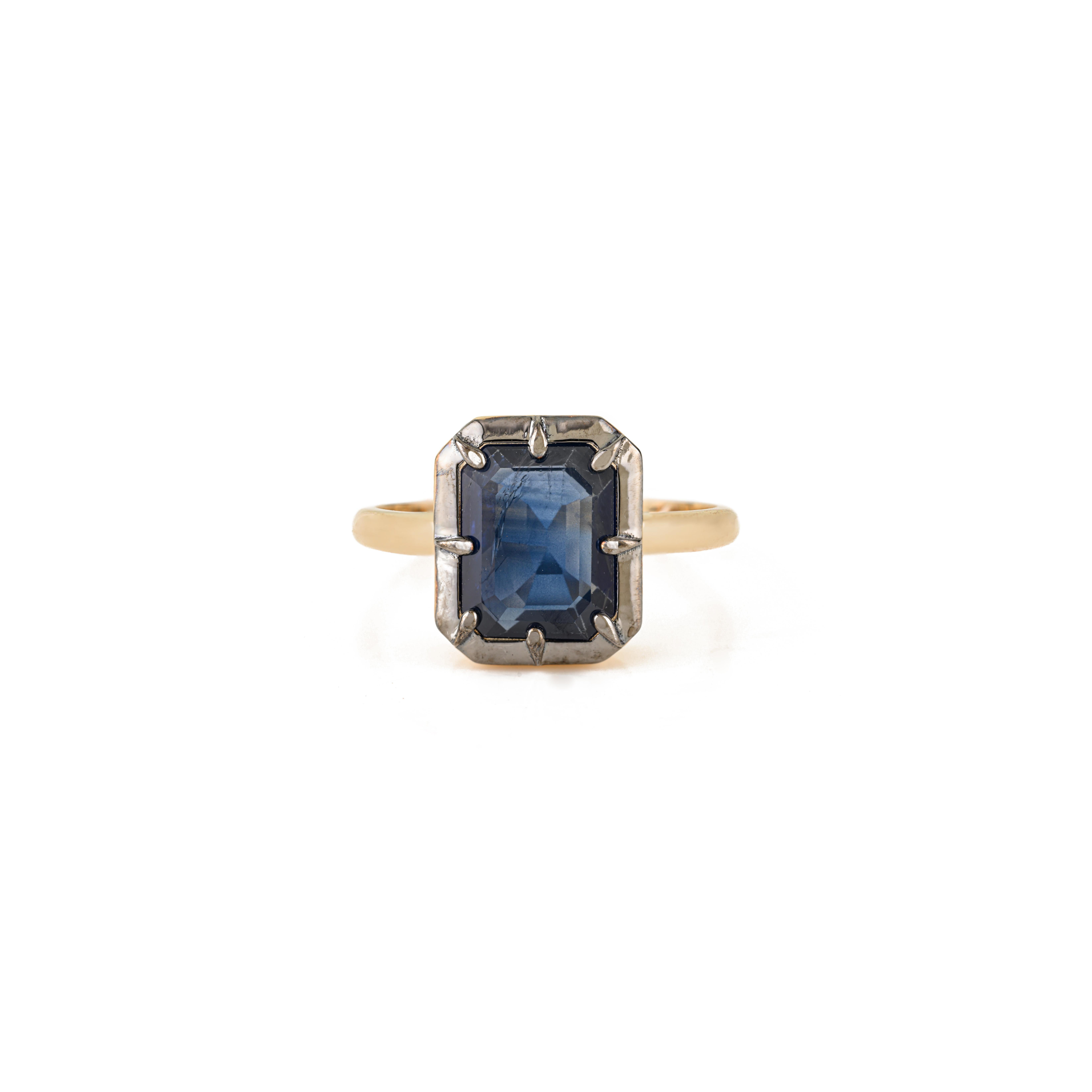For Sale:  2.28 Ct Georgian Style Emerald-Cut Deep Blue Sapphire Solitaire Ring in 18K Gold 9