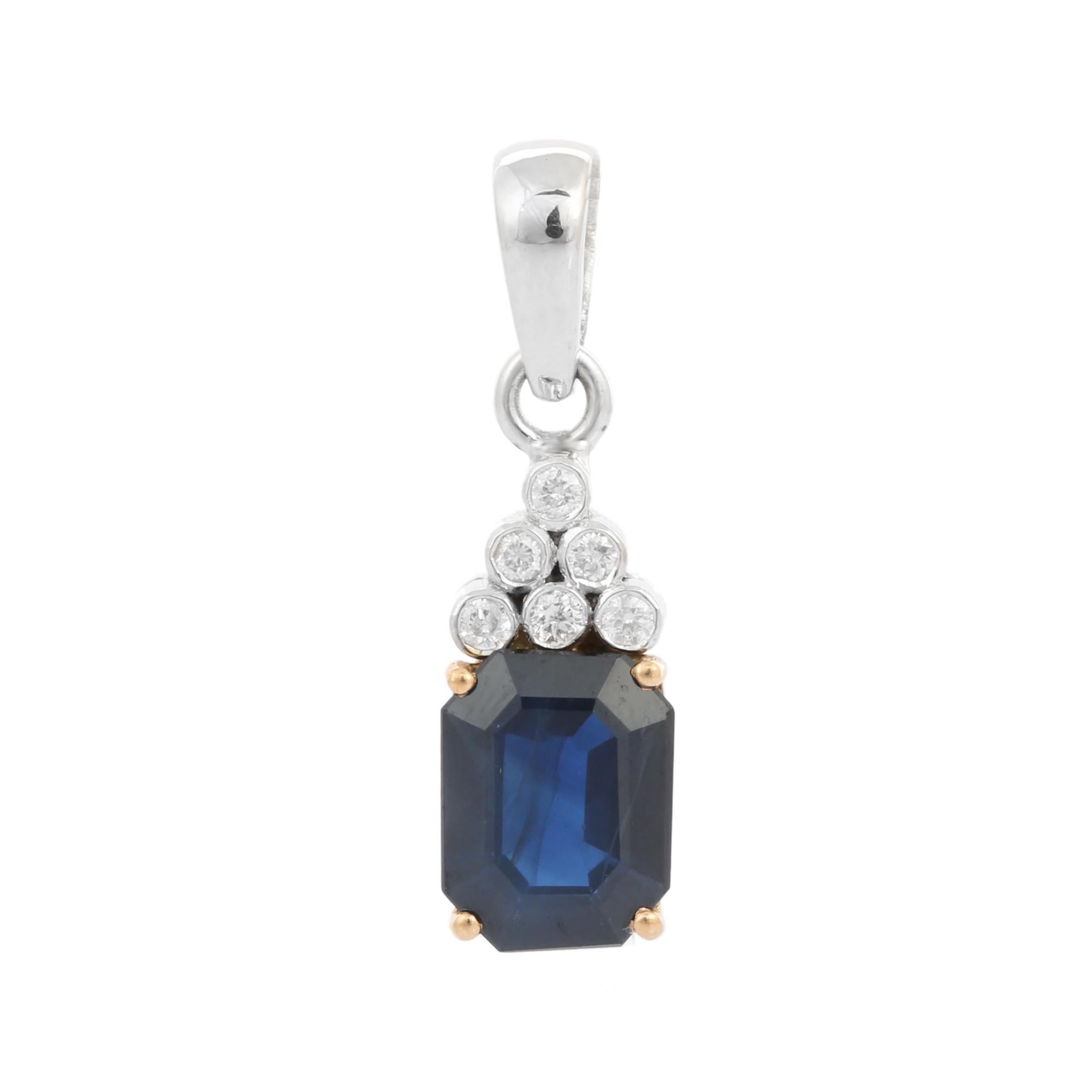Contemporary 2.28 Ct Natural Octagon Cut Blue Sapphire and Diamond Pendant in 18K Gold For Sale