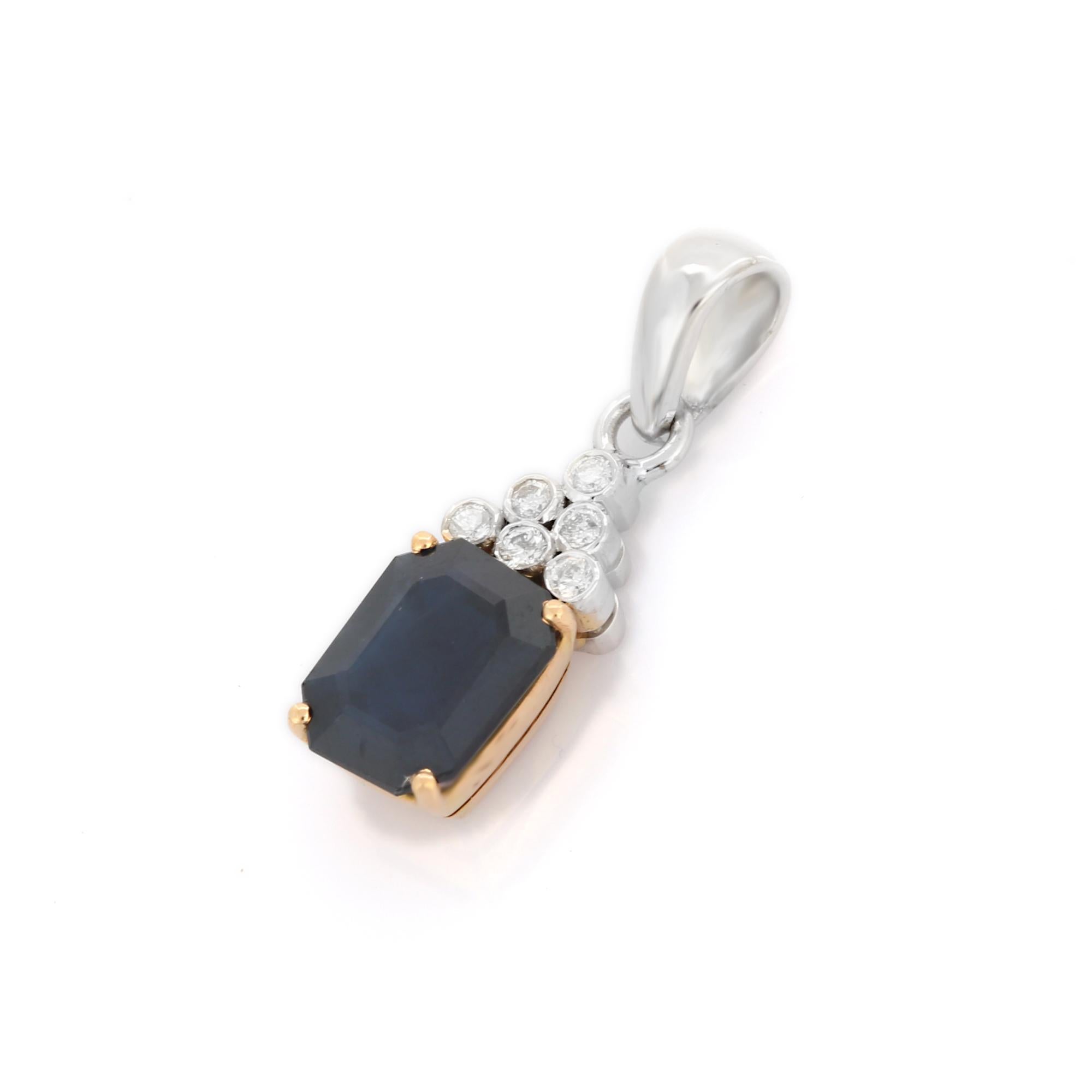 Women's 2.28 Ct Natural Octagon Cut Blue Sapphire and Diamond Pendant in 18K Gold For Sale