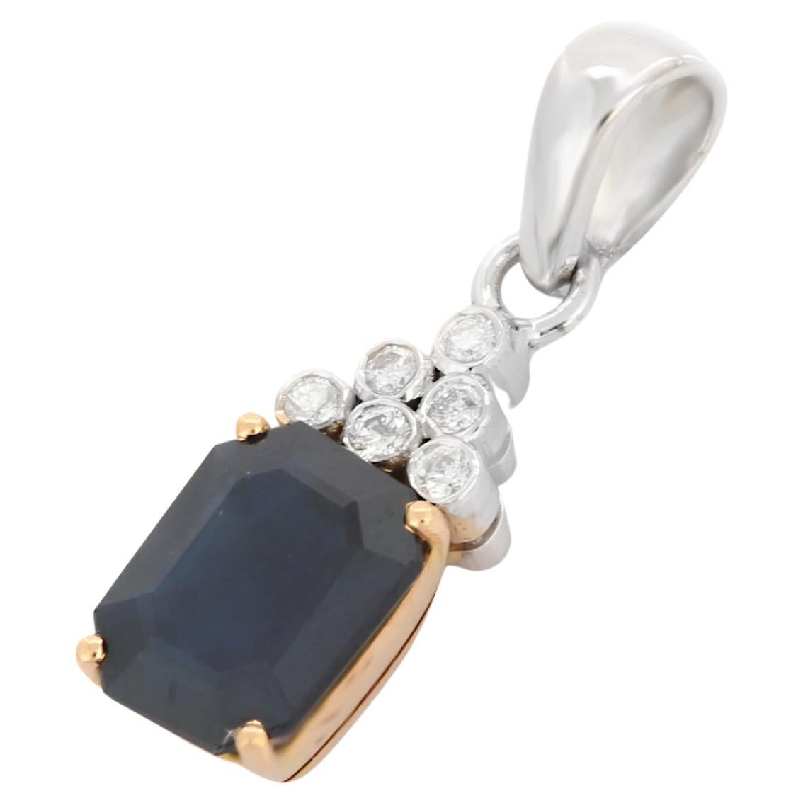 2.28 Ct Natural Octagon Cut Blue Sapphire and Diamond Pendant in 18K Gold For Sale