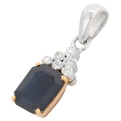 2.28 Ct Natural Octagon Cut Blue Sapphire and Diamond Pendant in 18K Gold