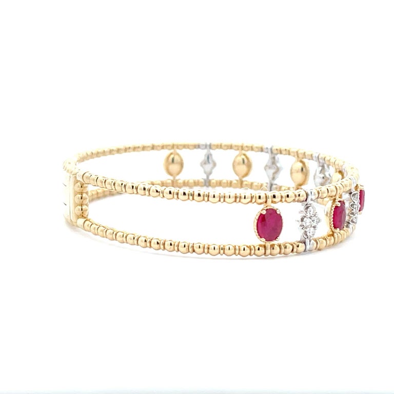 2.28 Carat Ruby and Diamond Gold Bead Cage Bangle in 14k TwoTone Gold