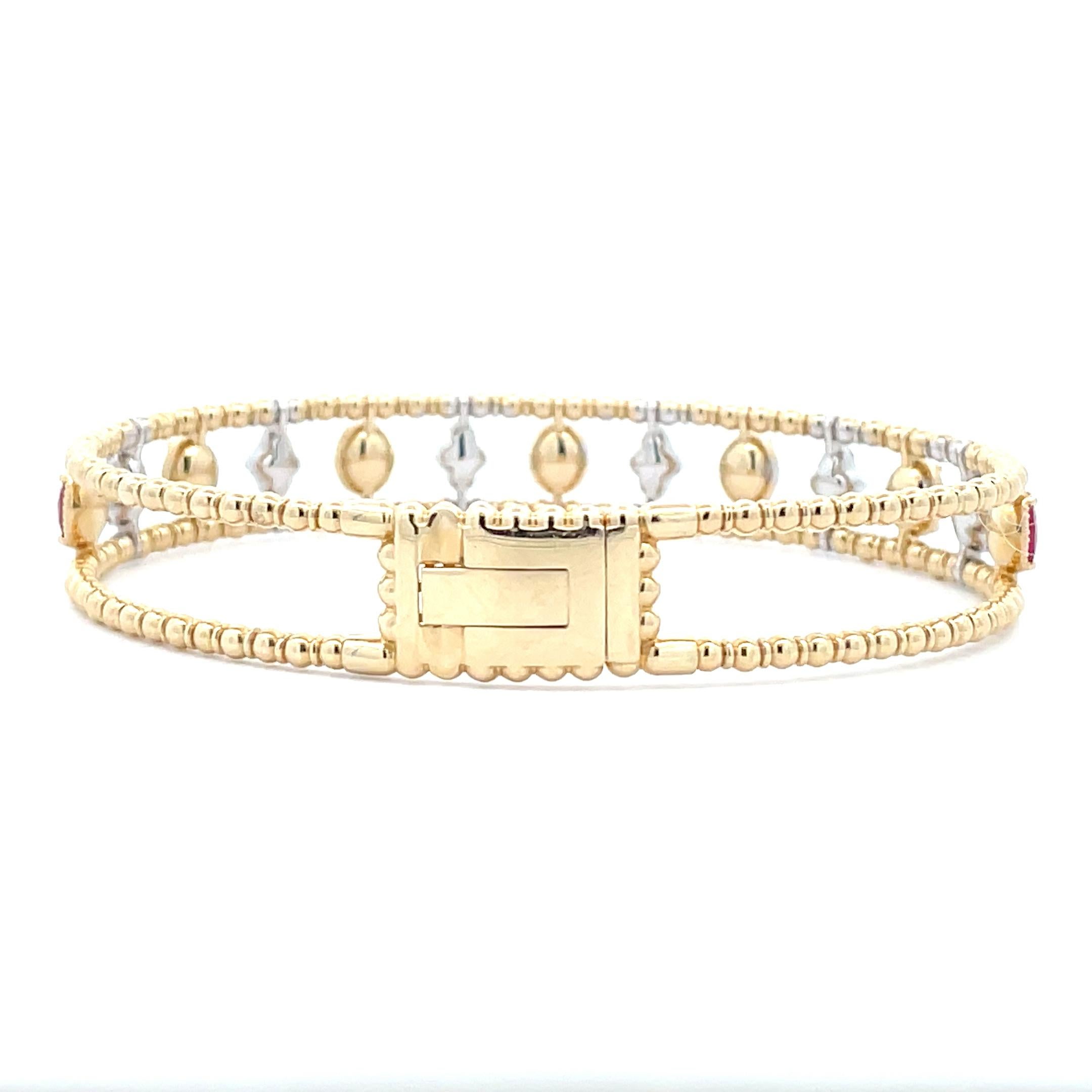 Art Deco 2.28 Carat Ruby & Diamond Gold Bead Cage Bangle in 14k Two-Tone Gold