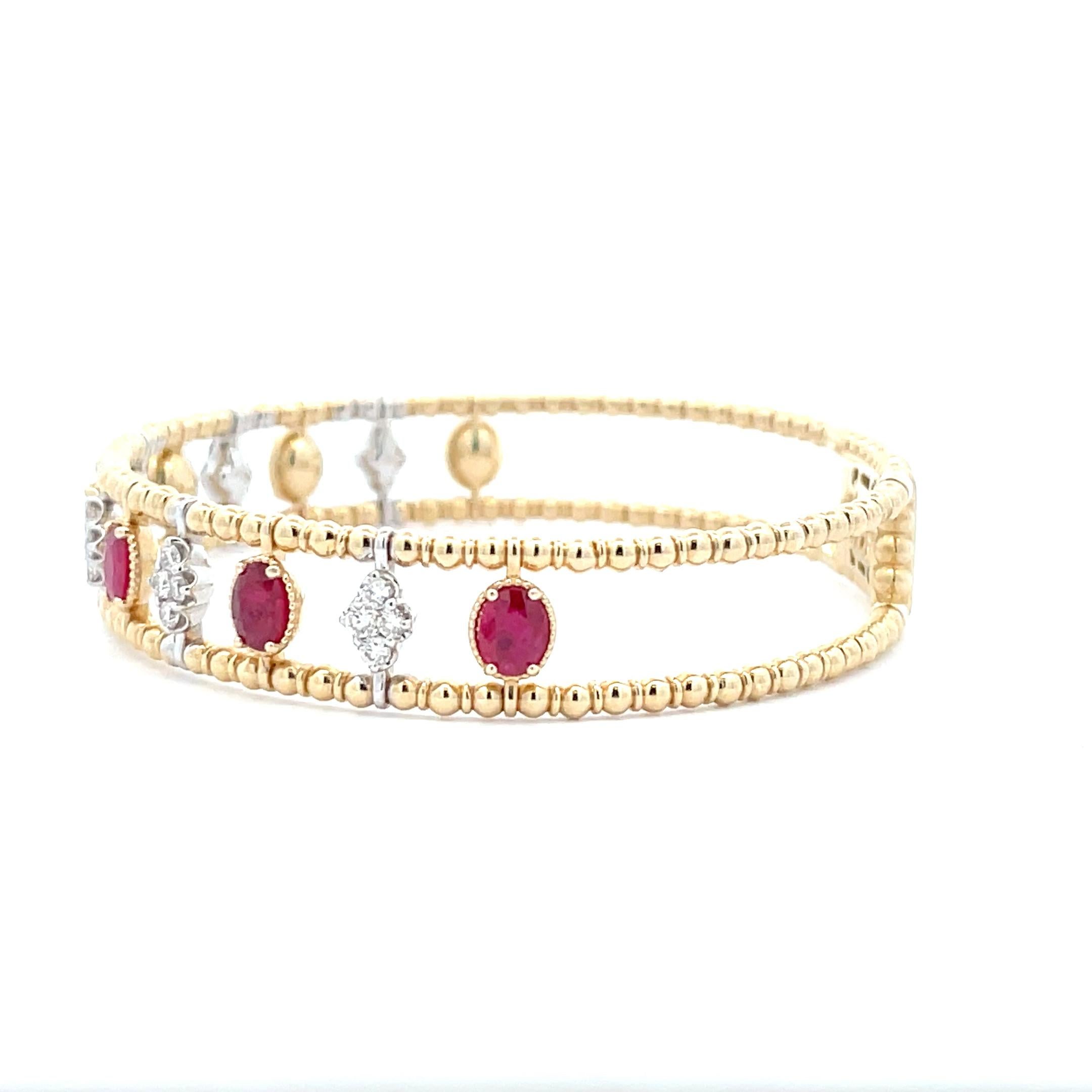 Round Cut 2.28 Carat Ruby & Diamond Gold Bead Cage Bangle in 14k Two-Tone Gold