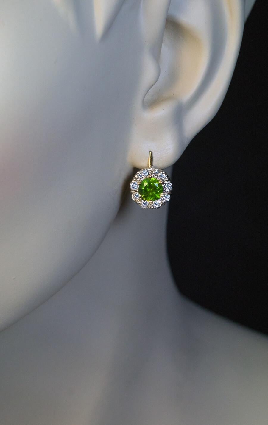 2.28 Ct Russian Demantoid Diamond Gold Cluster Earrings In New Condition For Sale In Chicago, IL