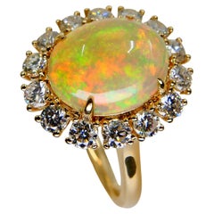 2.28 Cts Opal & Diamond Ring, Fire Orange, Green & Blue, Superb Play of Color