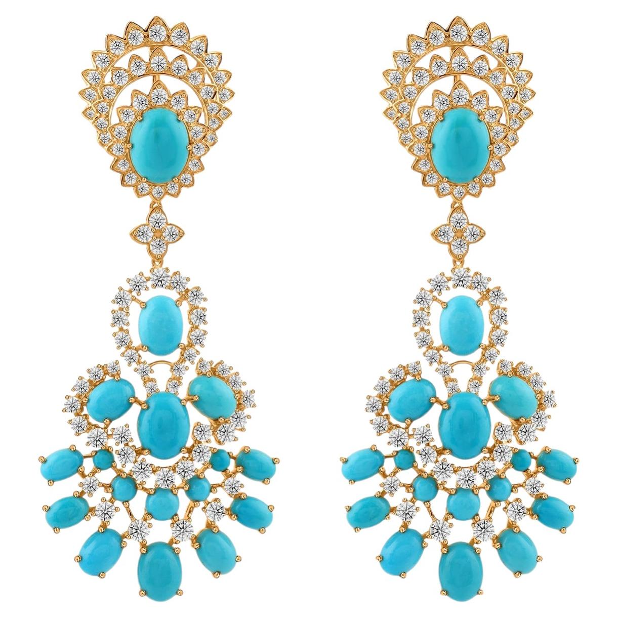 22.80 Carat Turquoise 6.02 Carat SI/H Diamond Earrings 18k Yellow Gold Jewelry