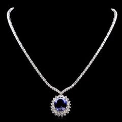 22.80Ct Natural Tanzanite and Diamond 18K Solid White Gold Necklace