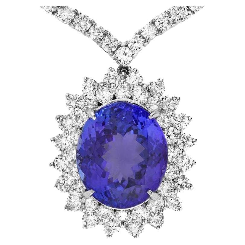 22.80Ct Natural Tanzanite and Diamond 18K Solid White Gold Necklace For Sale