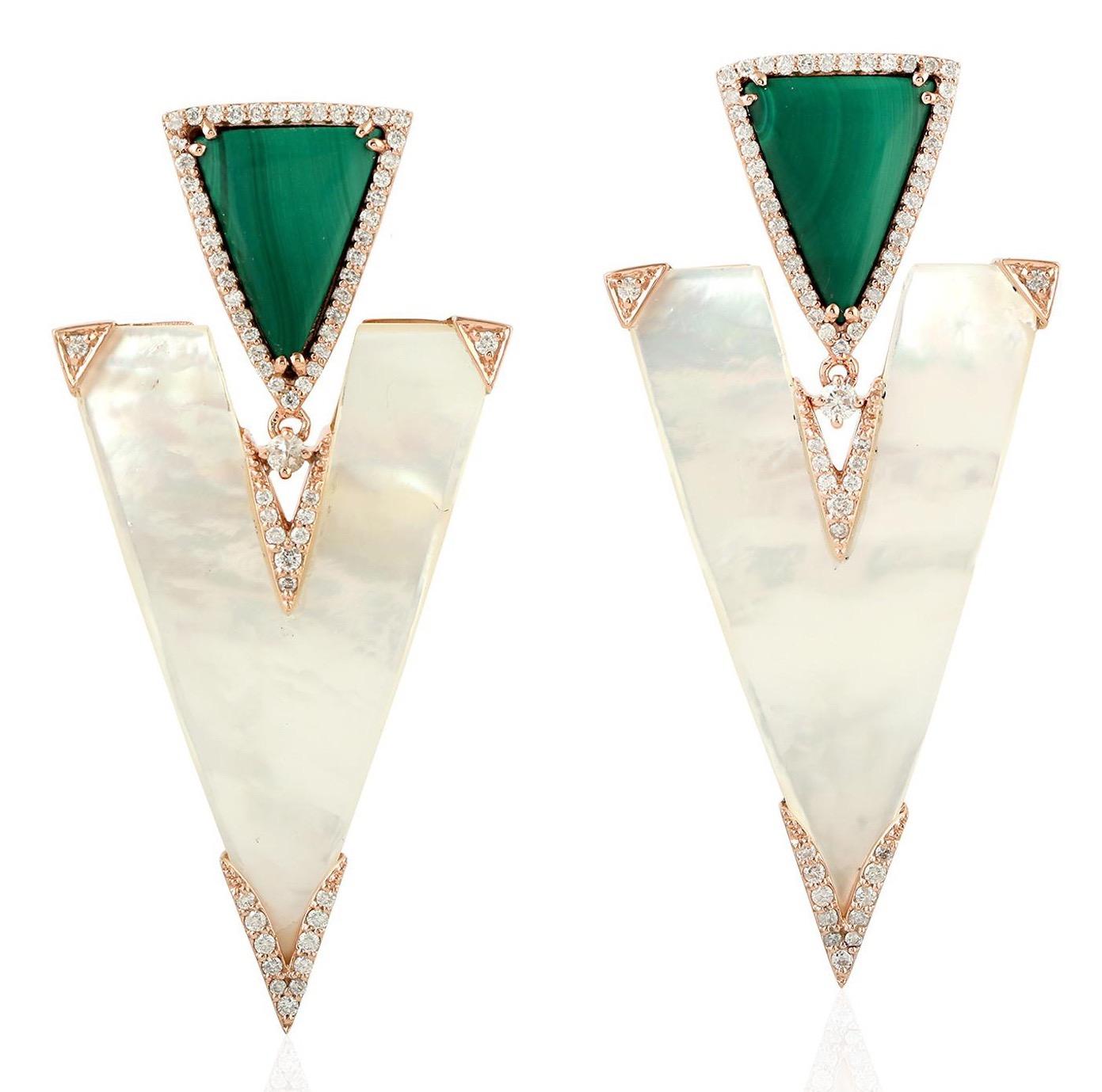 Mixed Cut 22.85 Carat Mother of Pearl Malachite Diamond 18 Karat Gold Earrings For Sale