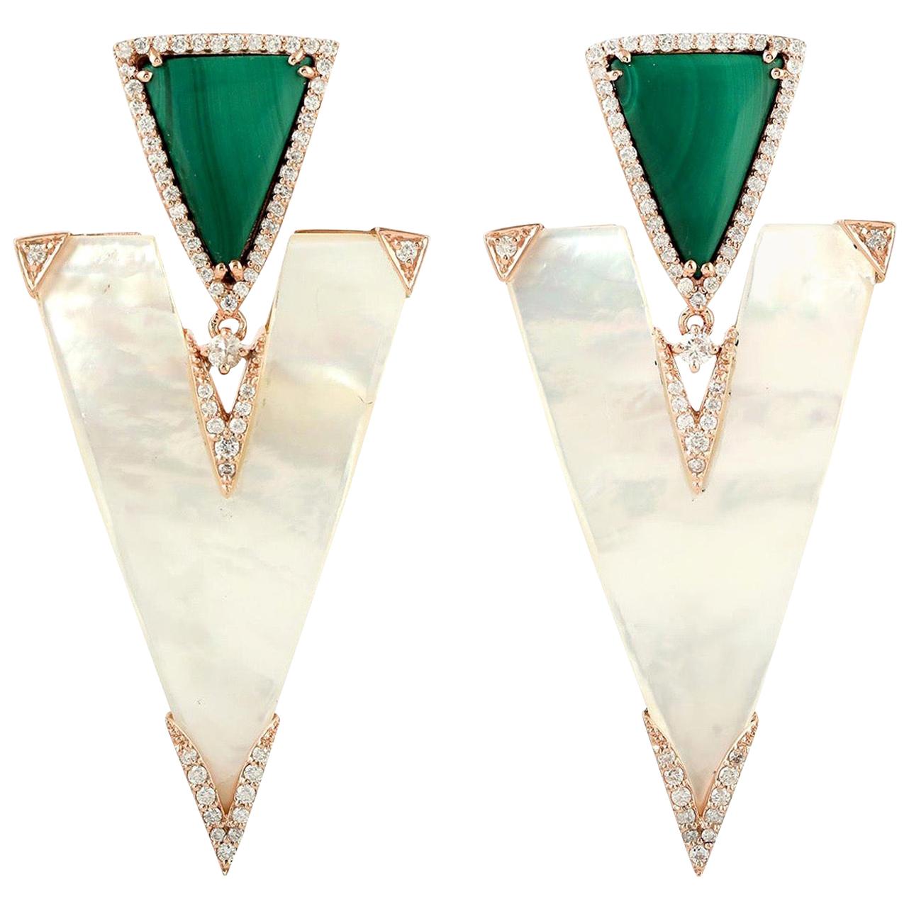 22.85 Carat Mother of Pearl Malachite Diamond 18 Karat Gold Earrings For Sale