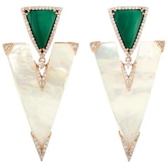 22.85 Carat Mother of Pearl Malachite Diamond 18 Karat Gold Earrings