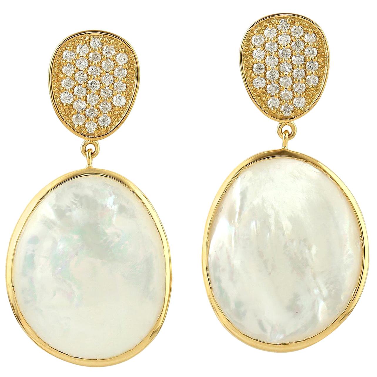 22.85 Carat Mother of Pearl Diamond 18 Karat Gold Earrings For Sale