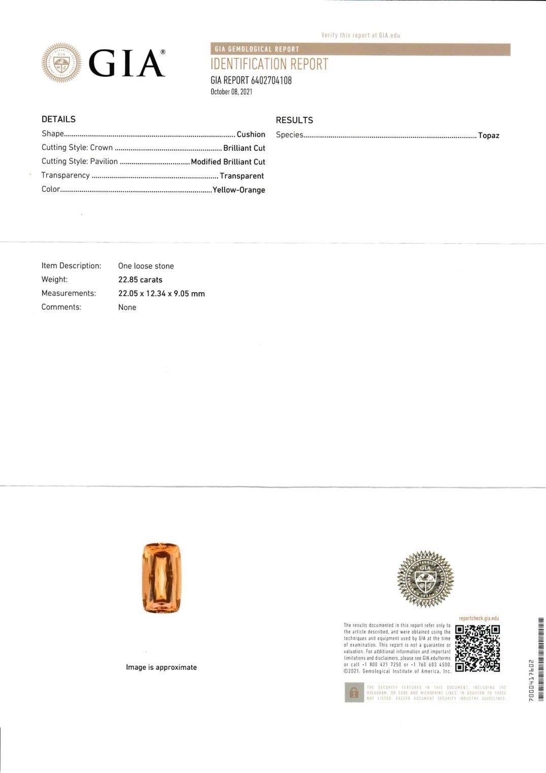 22,85 Ct Certificato GIA Topazio Imperiale Naturale Nessun trattamento Collectional Raro in vendita 2