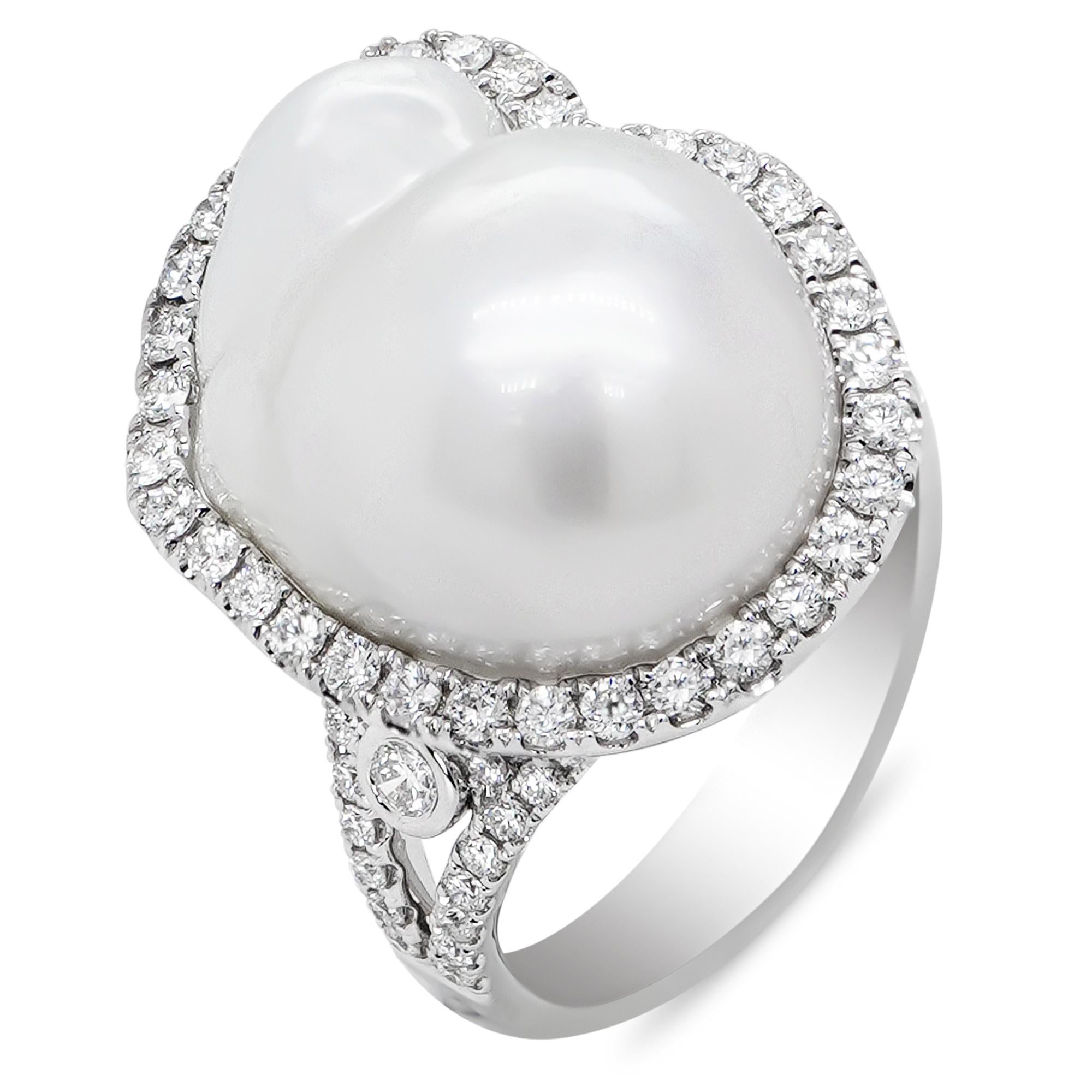 For Sale:  22.86 Carat Free Form South Sea Pearl Classical 18K Diamond Ring 5