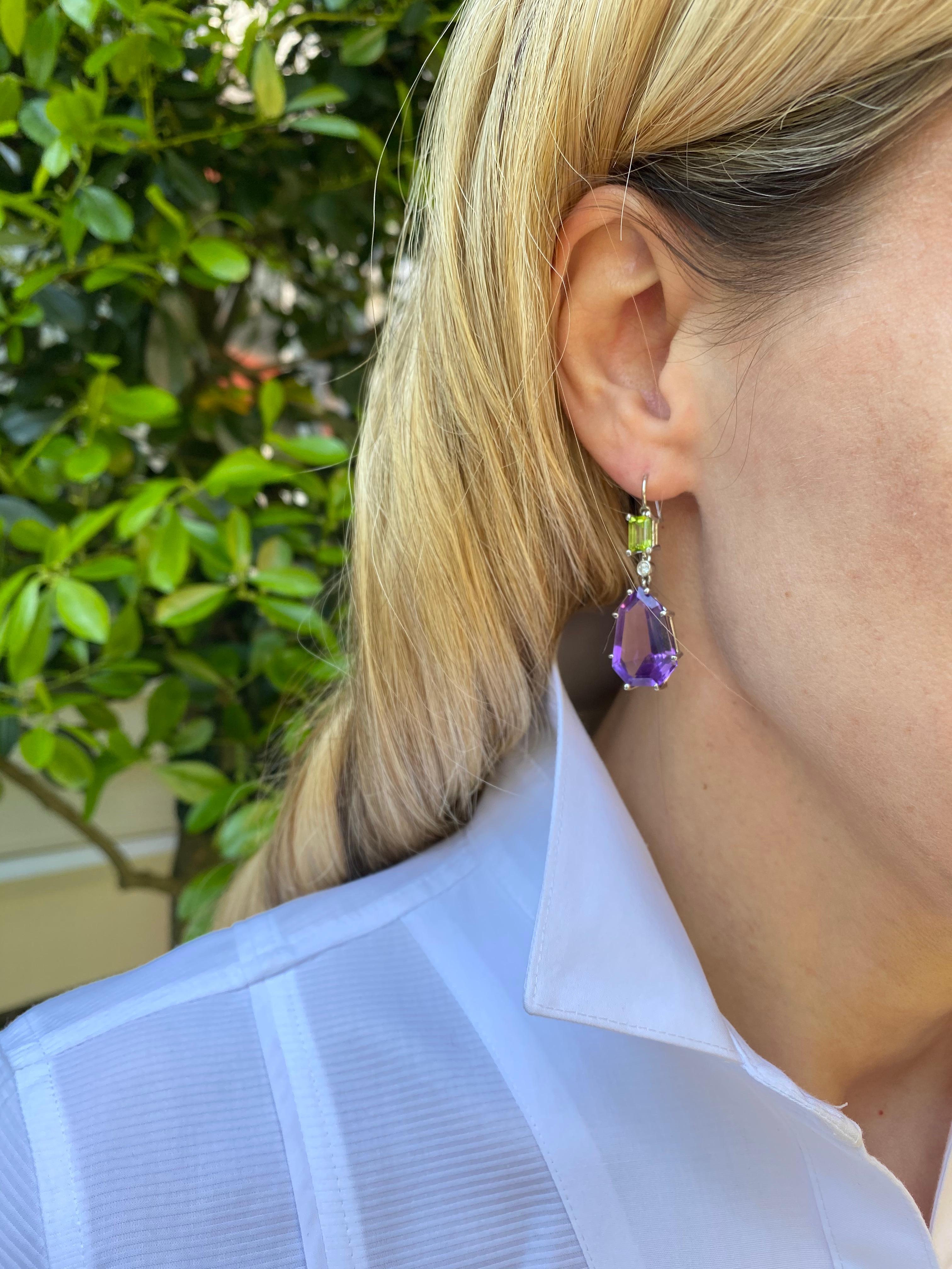 Shield Cut 22.86 Carat Shield Shaped Amethyst, Peridot, and Diamond Earrings in Platinum