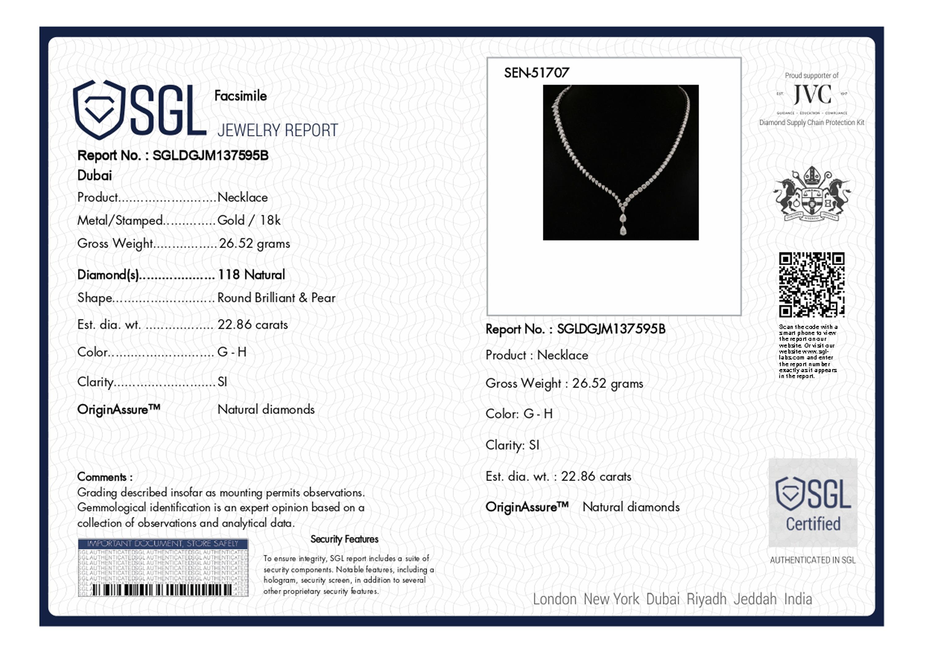 Modern 22.86 Carat SI/H Pear Round Brilliant Cut Diamond Necklace 18 Karat White Gold For Sale