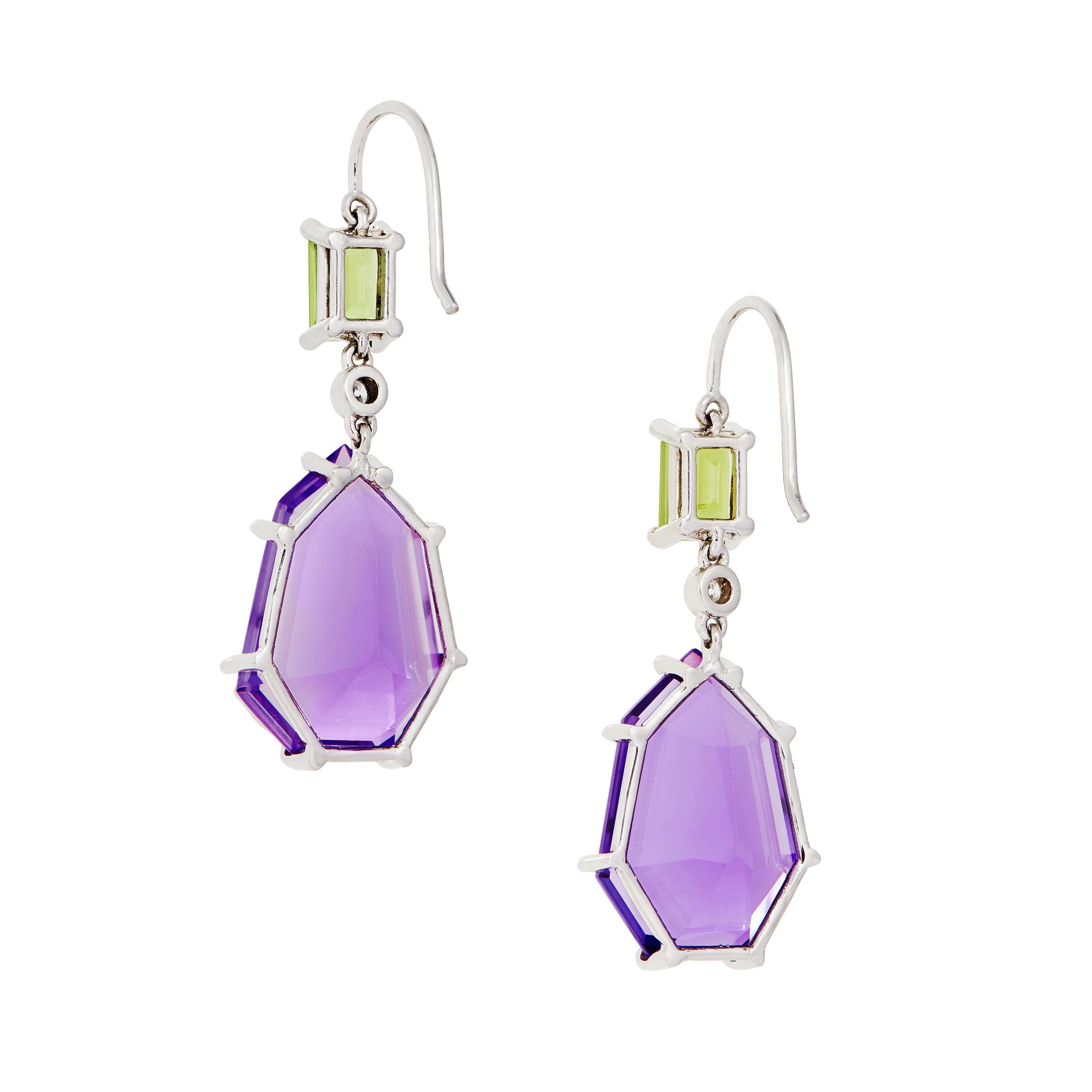 Modern 22.86 Carat Shield Shaped Amethyst, Peridot, and Diamond Earrings in Platinum For Sale