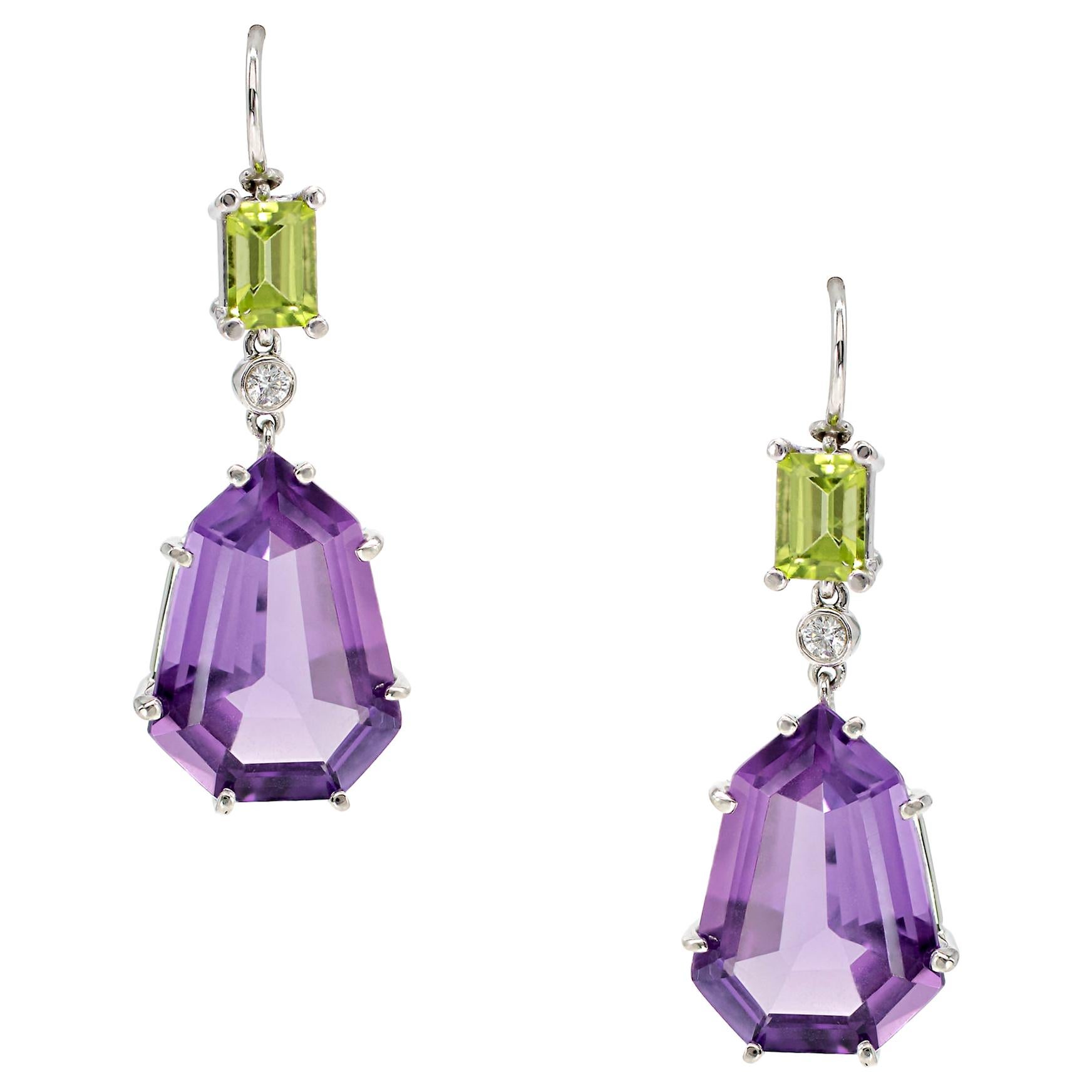 22.86 Carat Shield Shaped Amethyst, Peridot, and Diamond Earrings in Platinum For Sale