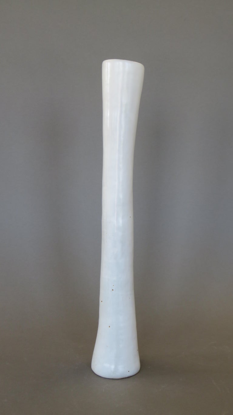 North American Tubular Handbuilt Ceramic Vase, White Glaze on Stoneware, 22.88 Inches Tall For Sale