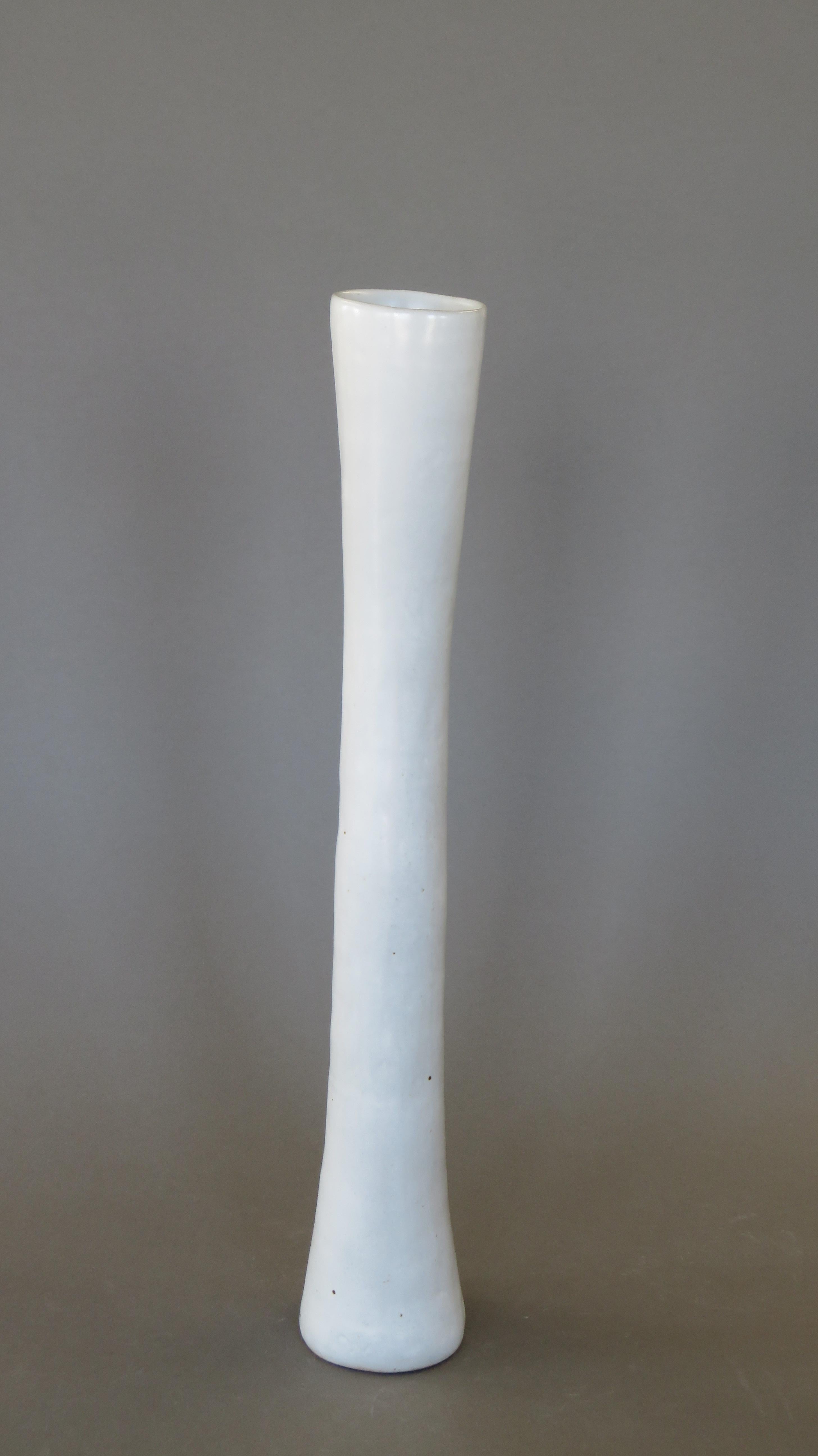 Organic Modern Tall Hand Built Ceramic Vase, White Glaze on Stoneware, 22.88 Inches Tall For Sale
