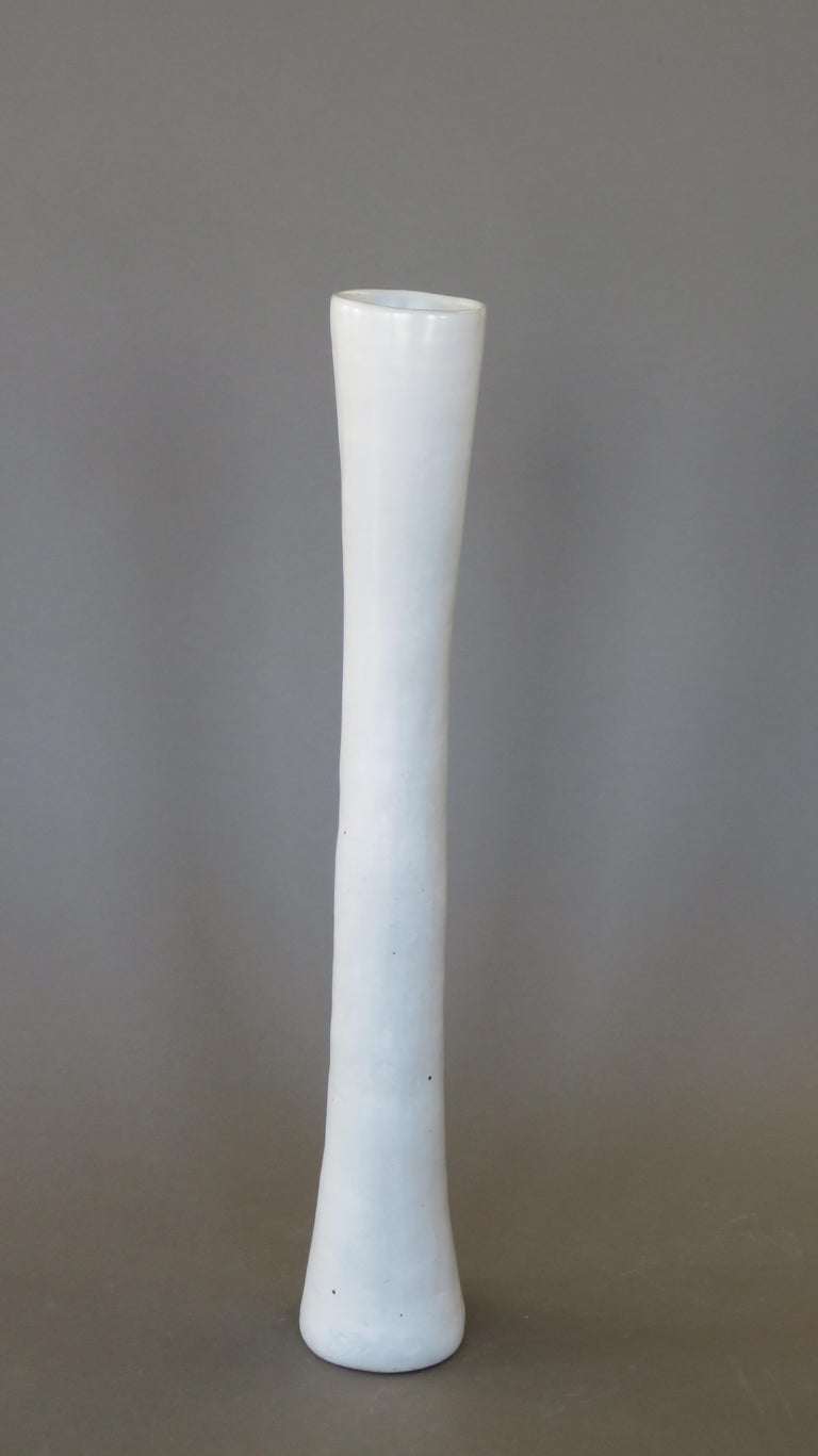 Hand-Crafted Tubular Handbuilt Ceramic Vase, White Glaze on Stoneware, 22.88 Inches Tall For Sale
