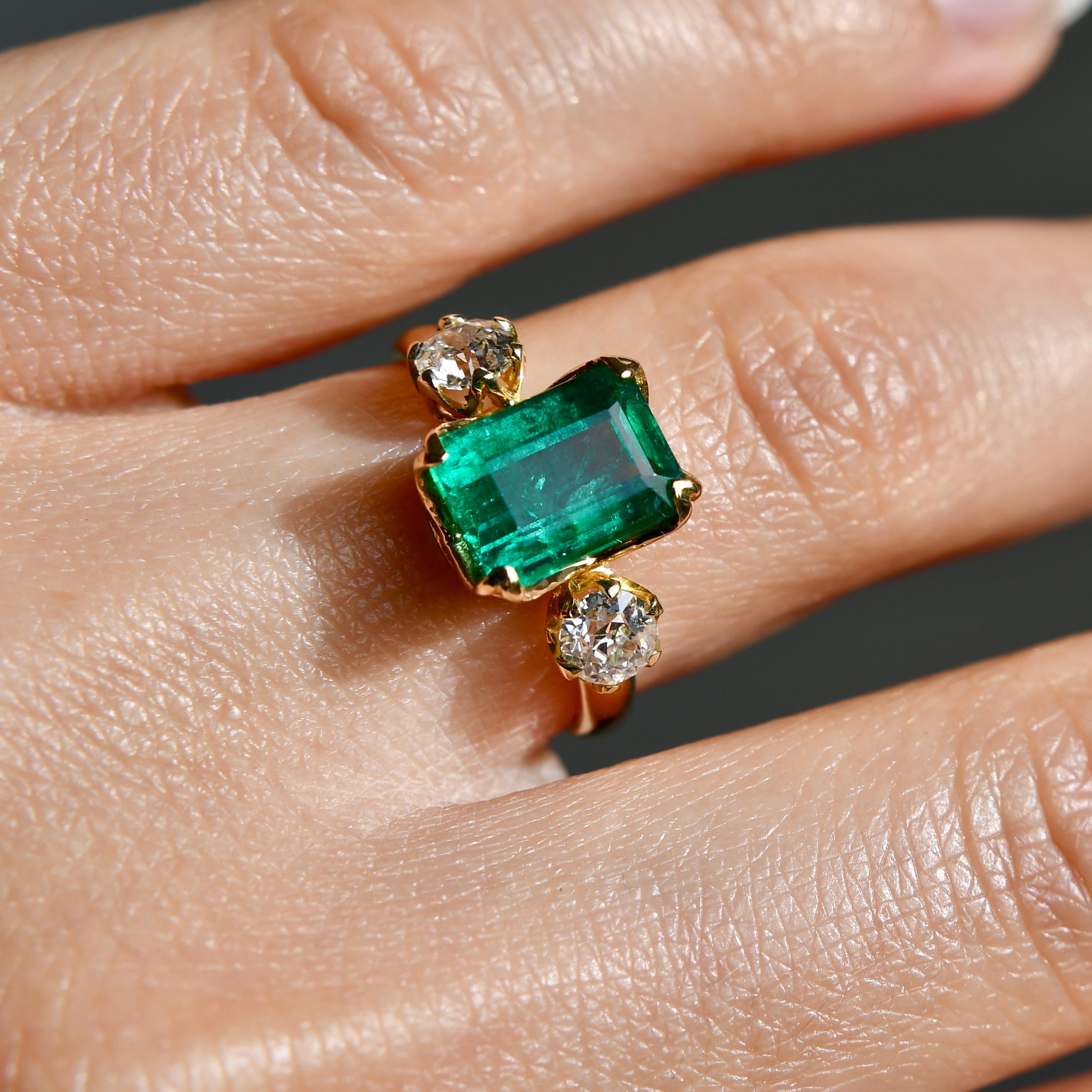 Emerald Cut 2.28ct emerald and old European cut diamond ring, GIA certified For Sale